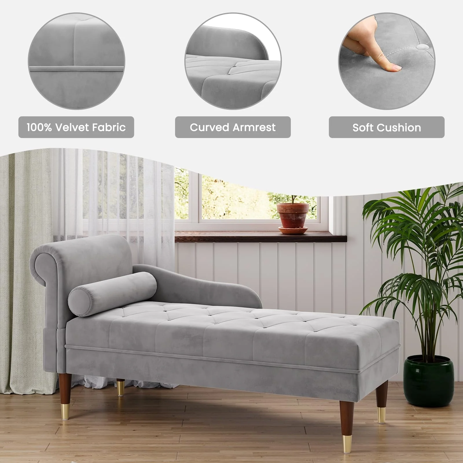 Vesgantti Velvet Chaise Lounge,59" Modern Upholstered Lounge Chair Indoor with Round Armrest Lumbar Pillow, Single Sofa for Living Room Bedroom Office,Grey - Image 3