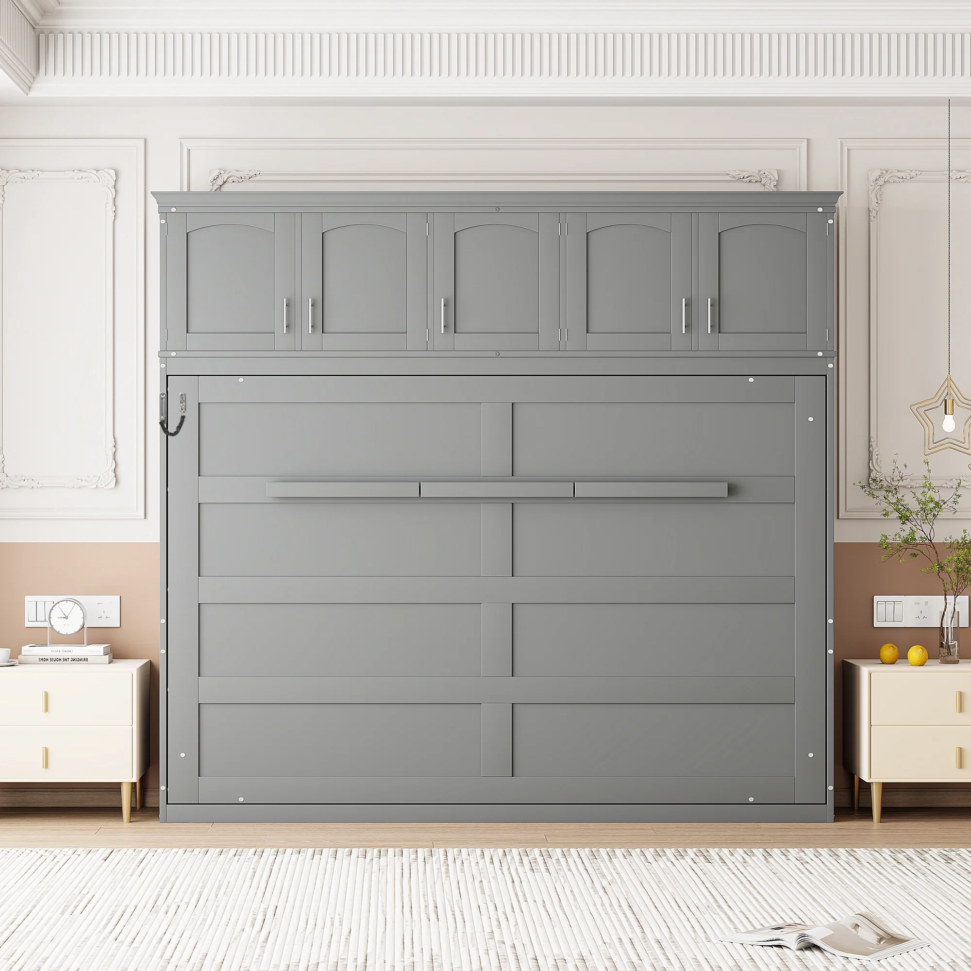Newest Queen Size Murphy Bed Wall Bed with Top Cabinets,Gray - Image 2
