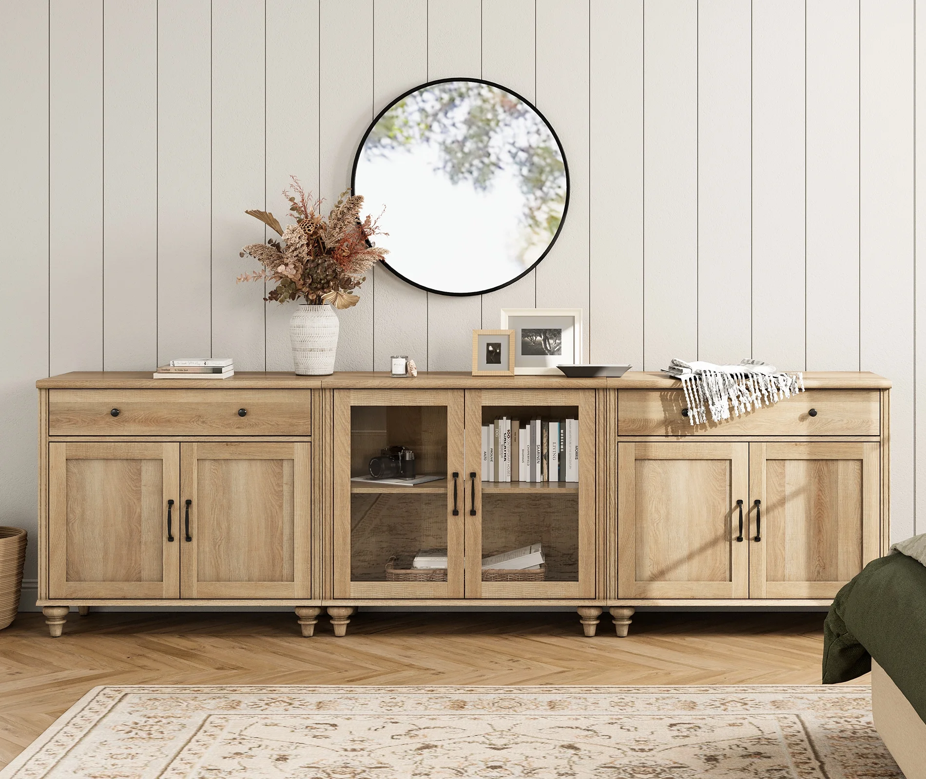 TV Stand for 100 Inch TV, 3-in-1 TV Console Table for 75/80/85/90 Inch TV, Farmhouse Entertainment Center with Glass & Wooden Door, Kitchen Sideboard Buffet Cabinet for Dining Room, Oak - Image 5