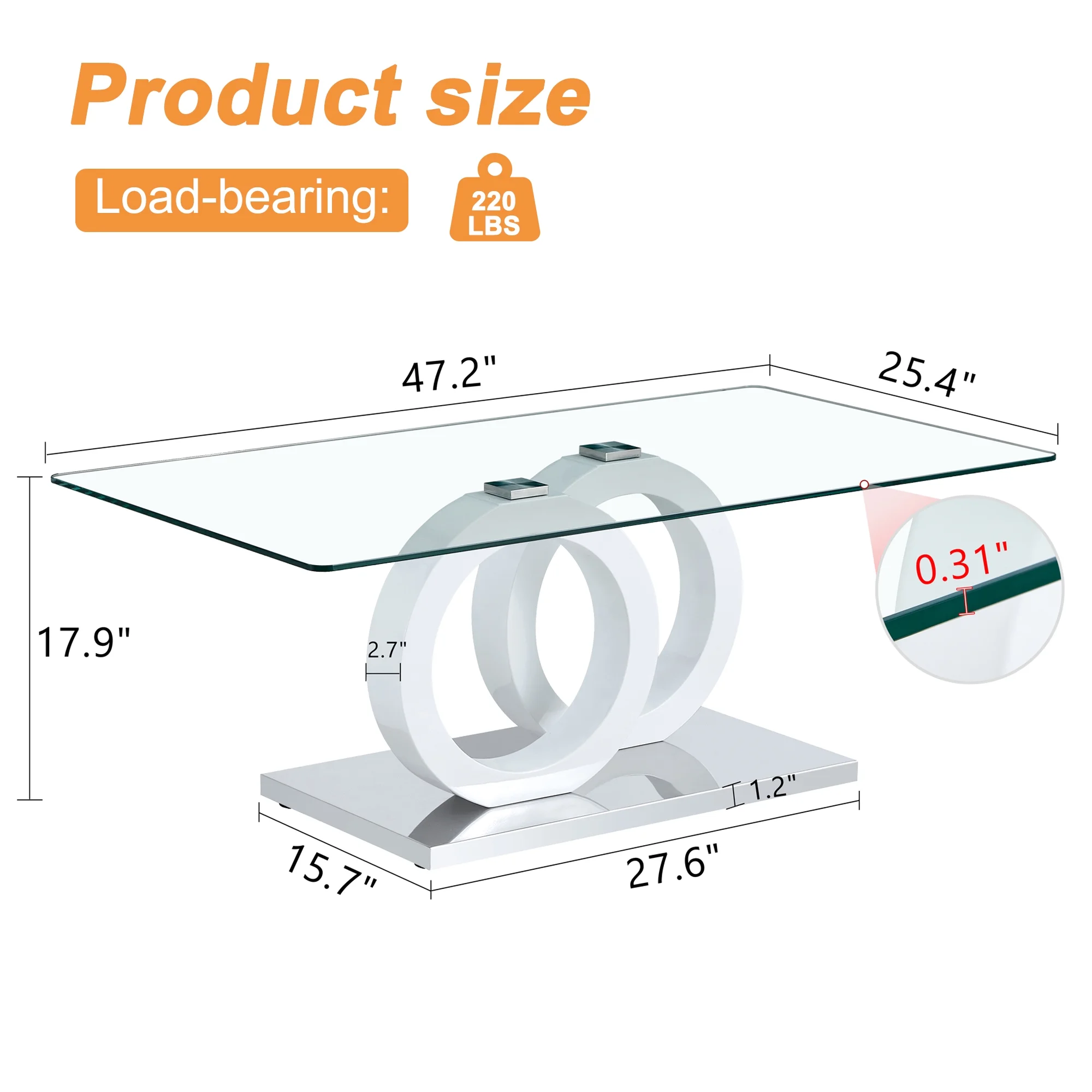 Sudica Rectangle Glass Coffee Table, Modern 47