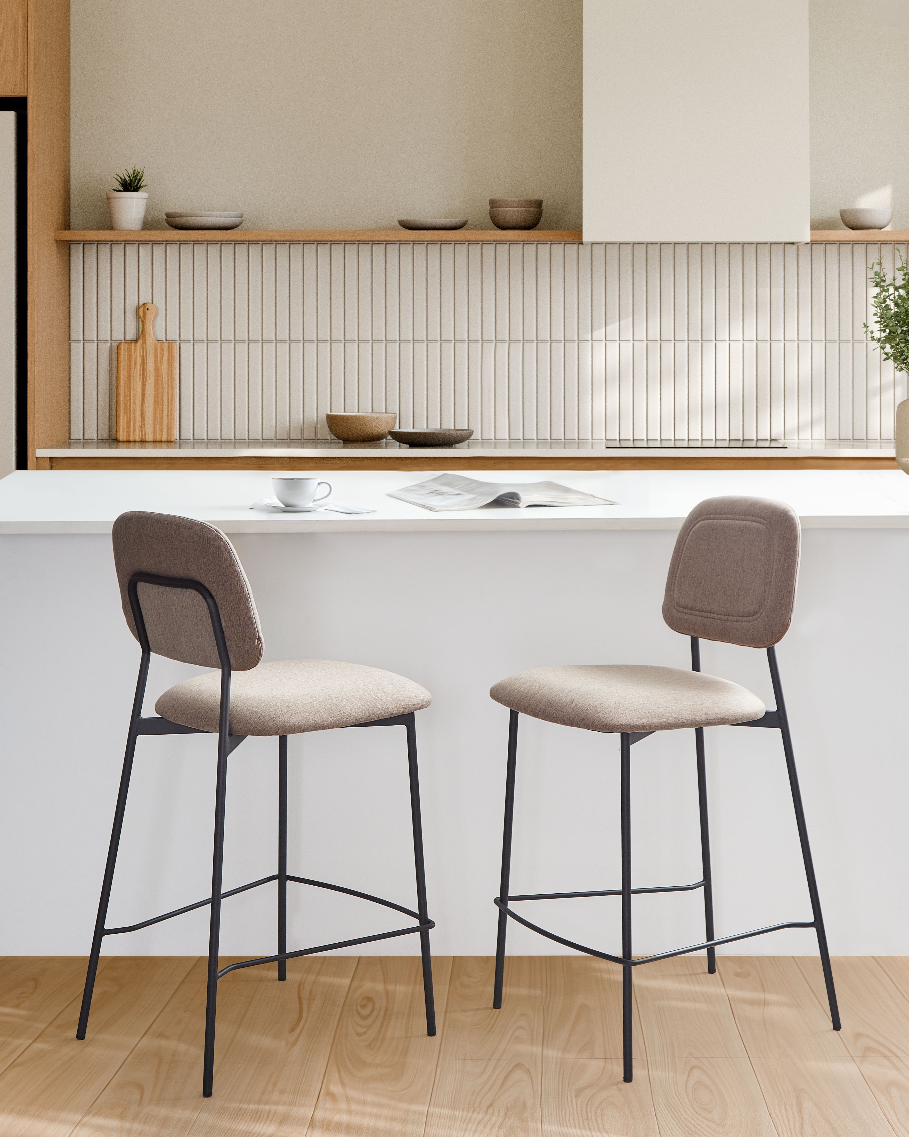 Set of 2 Bar Chairs DUETTE Faux Linen Taupe