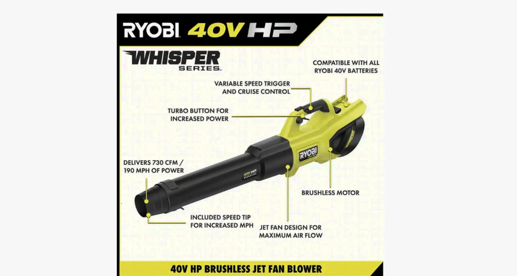 RYOBI 40V HP Brushless Cordless Leaf Blower, 730 CFM, 190 MPH, 2x 4.0 Ah Batteries And Charger - Image 3 RYOBI 40V HP Brushless Cordless Leaf Blower, 730 CFM, 190 MPH, 2x 4.0 Ah Batteries And Charger - Image 3