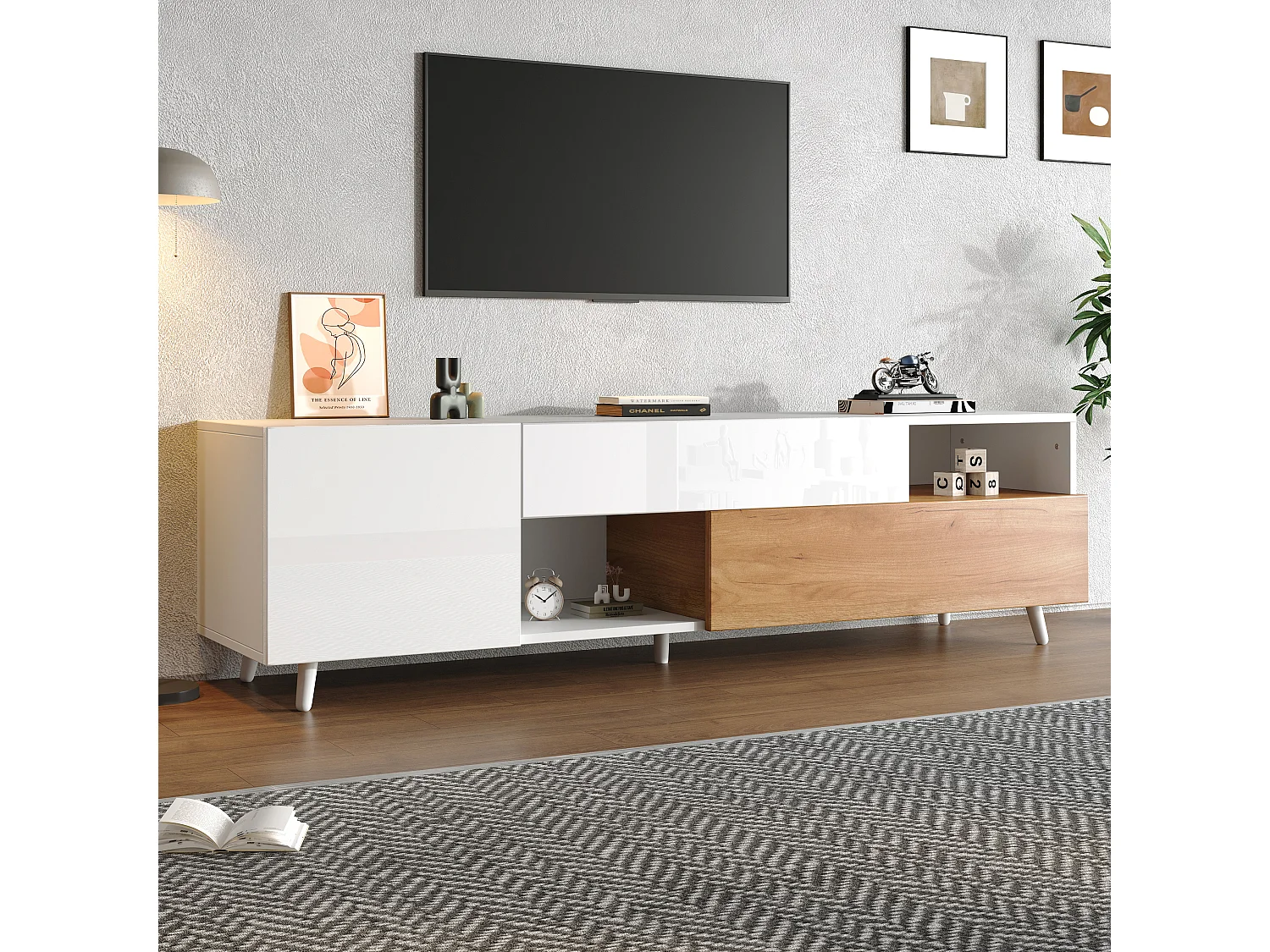 Meuble TV 180 cm avec 2 portes, 2 compartiments de rangement et 1 tiroir - Blanc et bois naturel