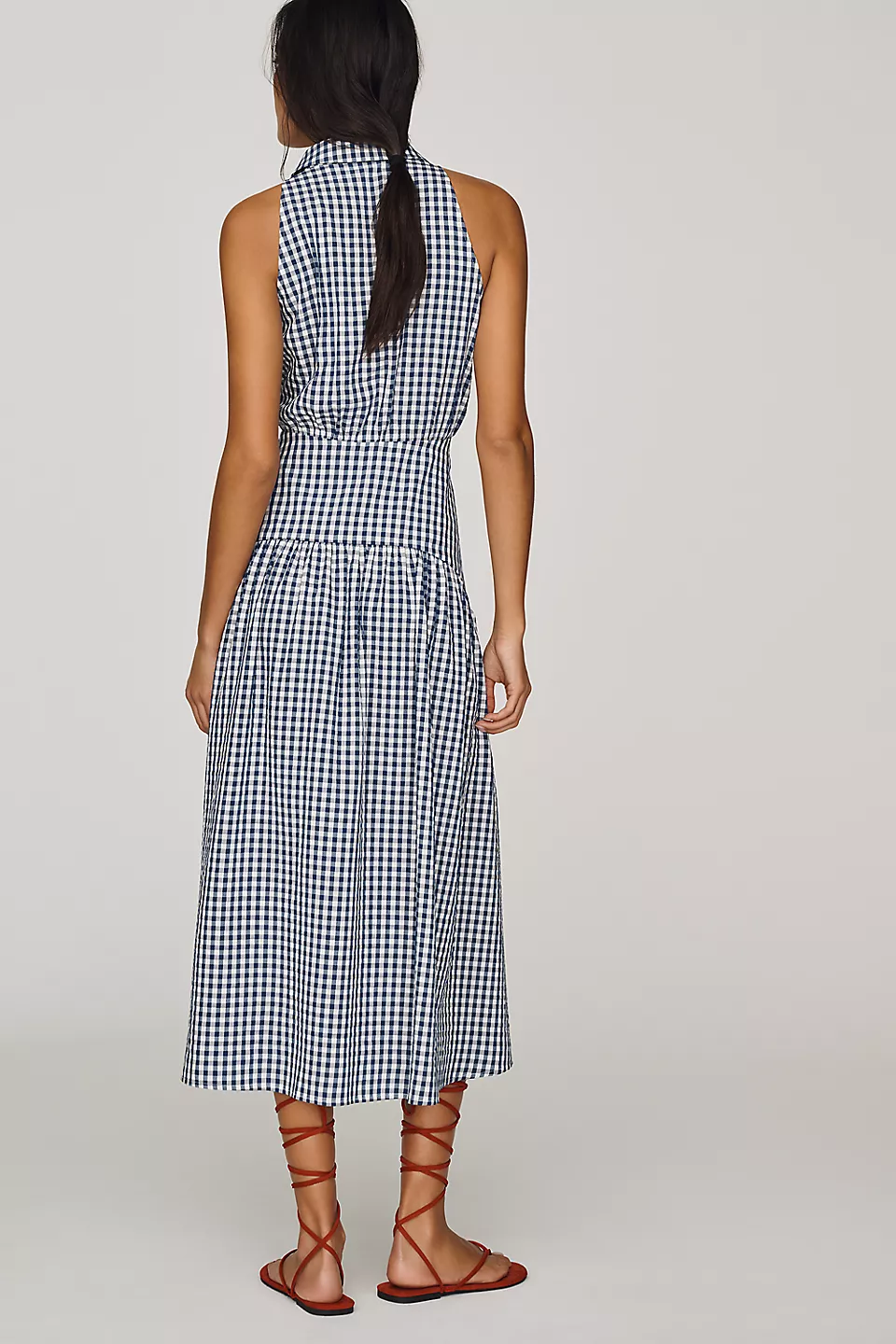 Tobie Drop-Waist Midi Shirtdress - Blue & White Gingham