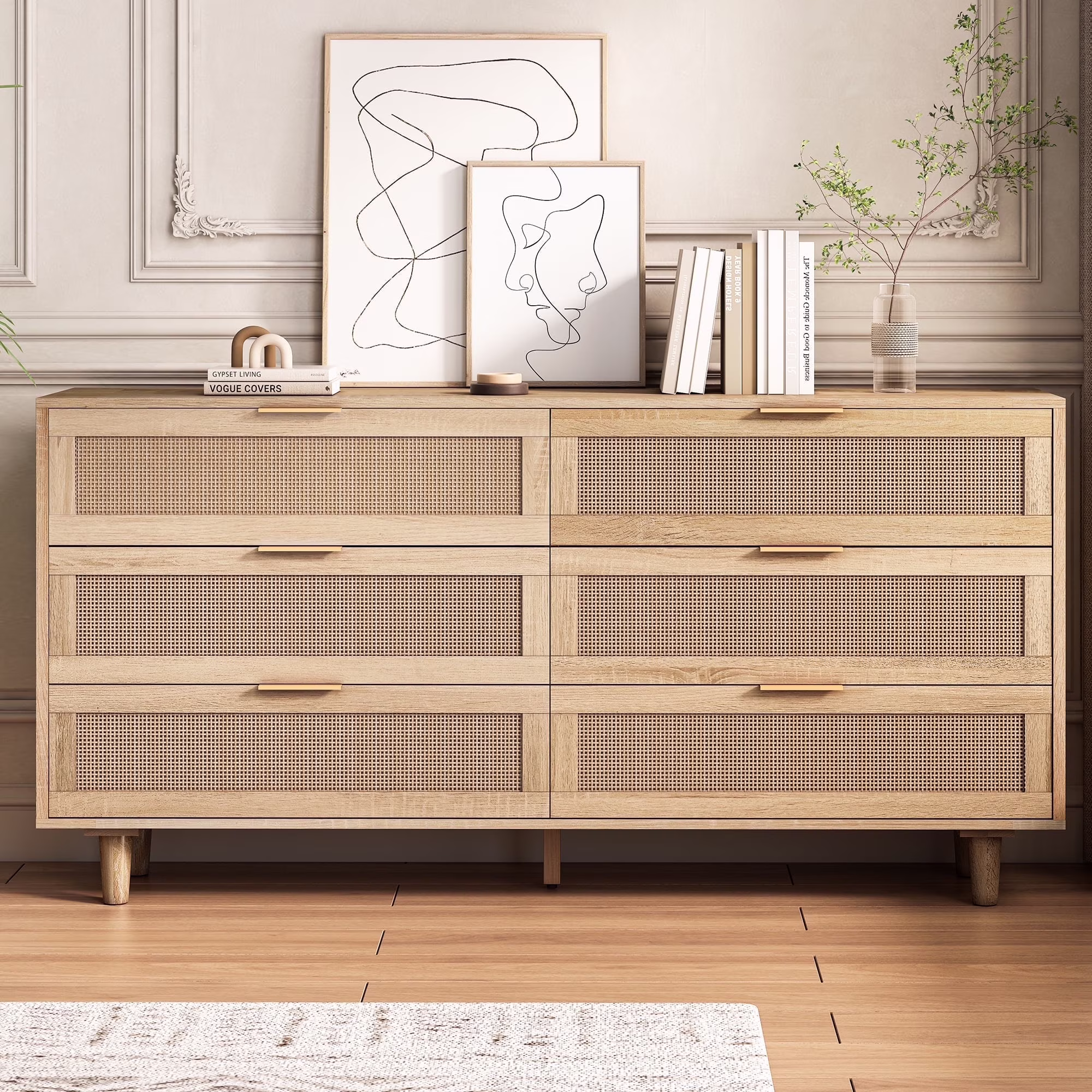 Wide 6 Drawer Rattan Dresser, Boho Dresser for Bedroom, Wooden Dresser Chest of Drawers, Natural