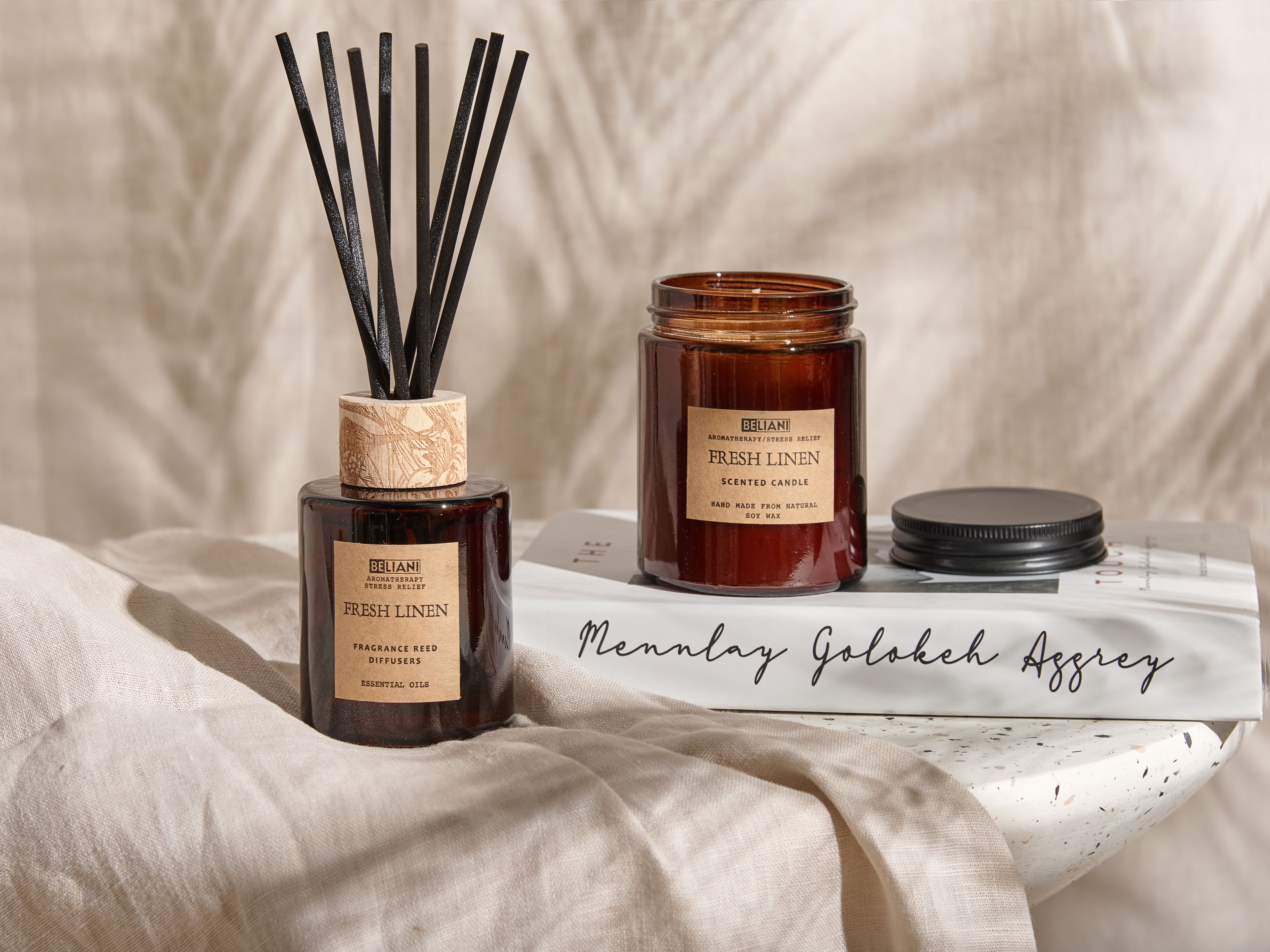 Scented Candle with Fragrance Reed Diffuser DARK ELEGANCE 9 cm Brown