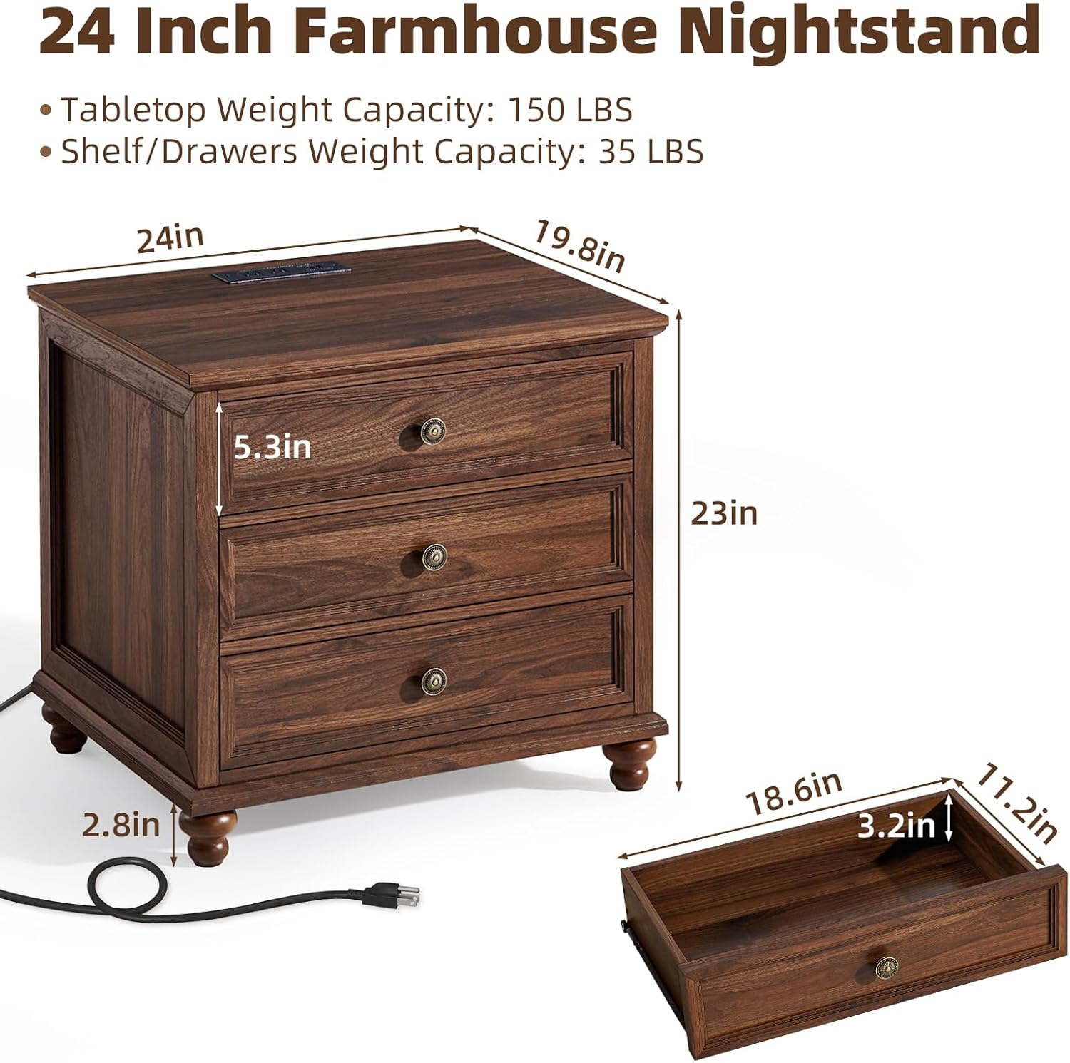 Farmhouse Nightstand Set of 2 with Charging Station, 24