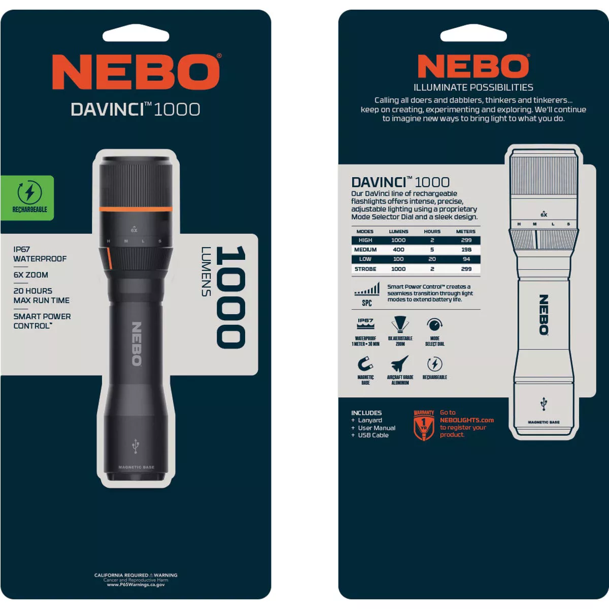 Nebo DaVinci LED Anodized Aluminum 1000 Lm. Rechargeable Flashlight