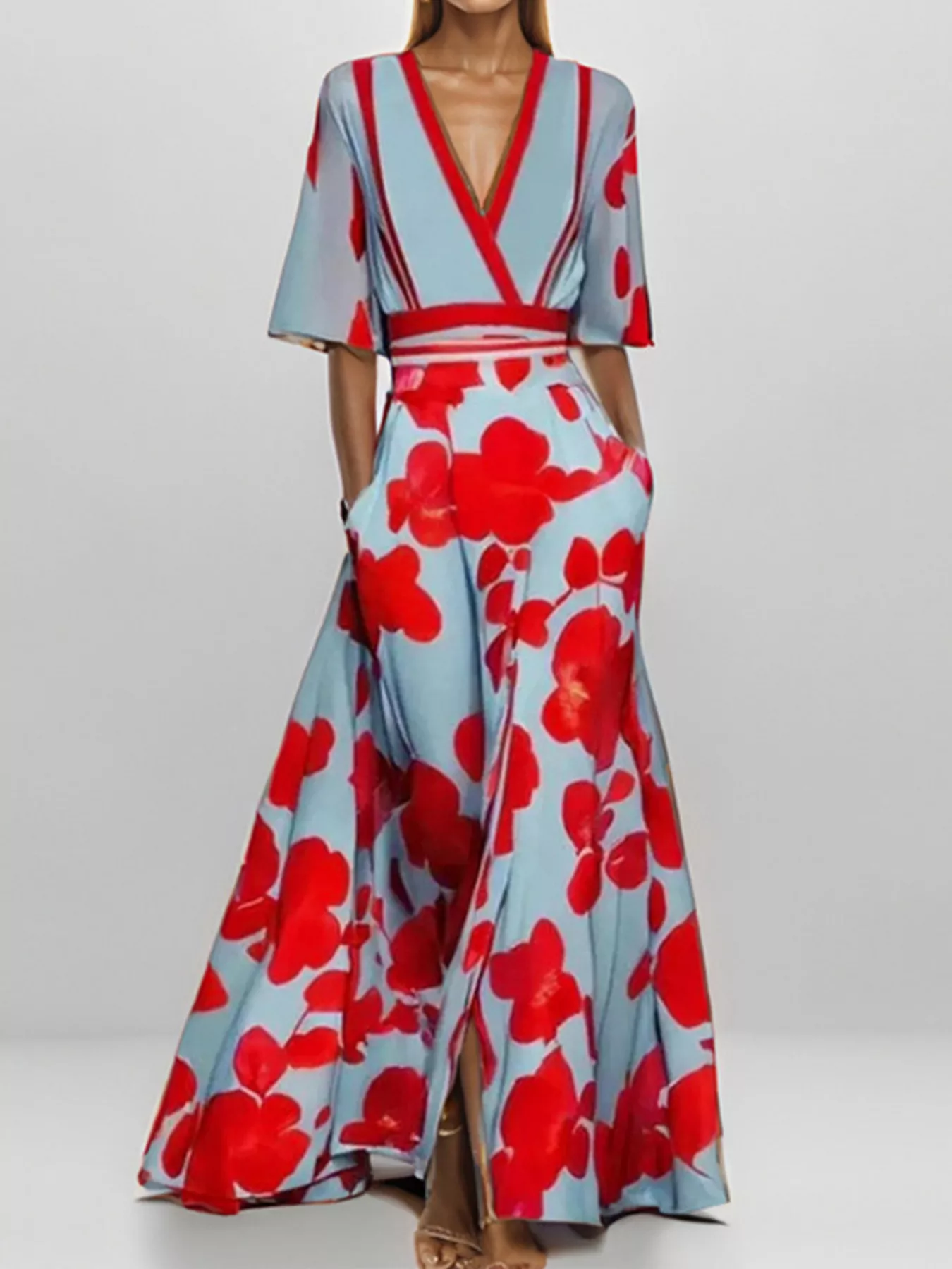 Floral Print Half Sleeve Maxi Dress with Pockets - ZKZOOK