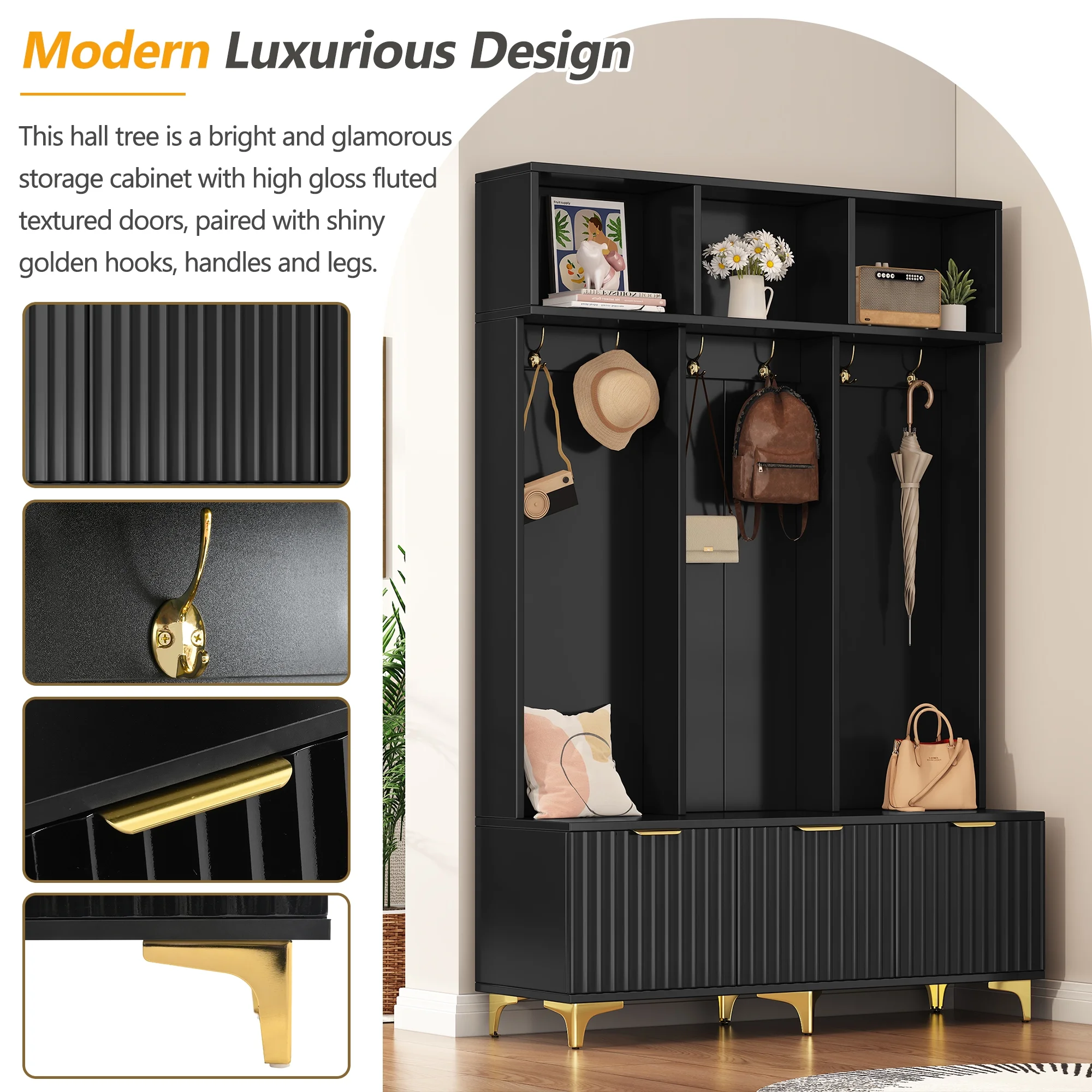 Euroco Modern Hall Tree with High Gloss Fluted Doors, Gold Accents, Shoe Storage & Bench a?? Entryway Organizer with Cubbies and Coat Hooks - Image 6