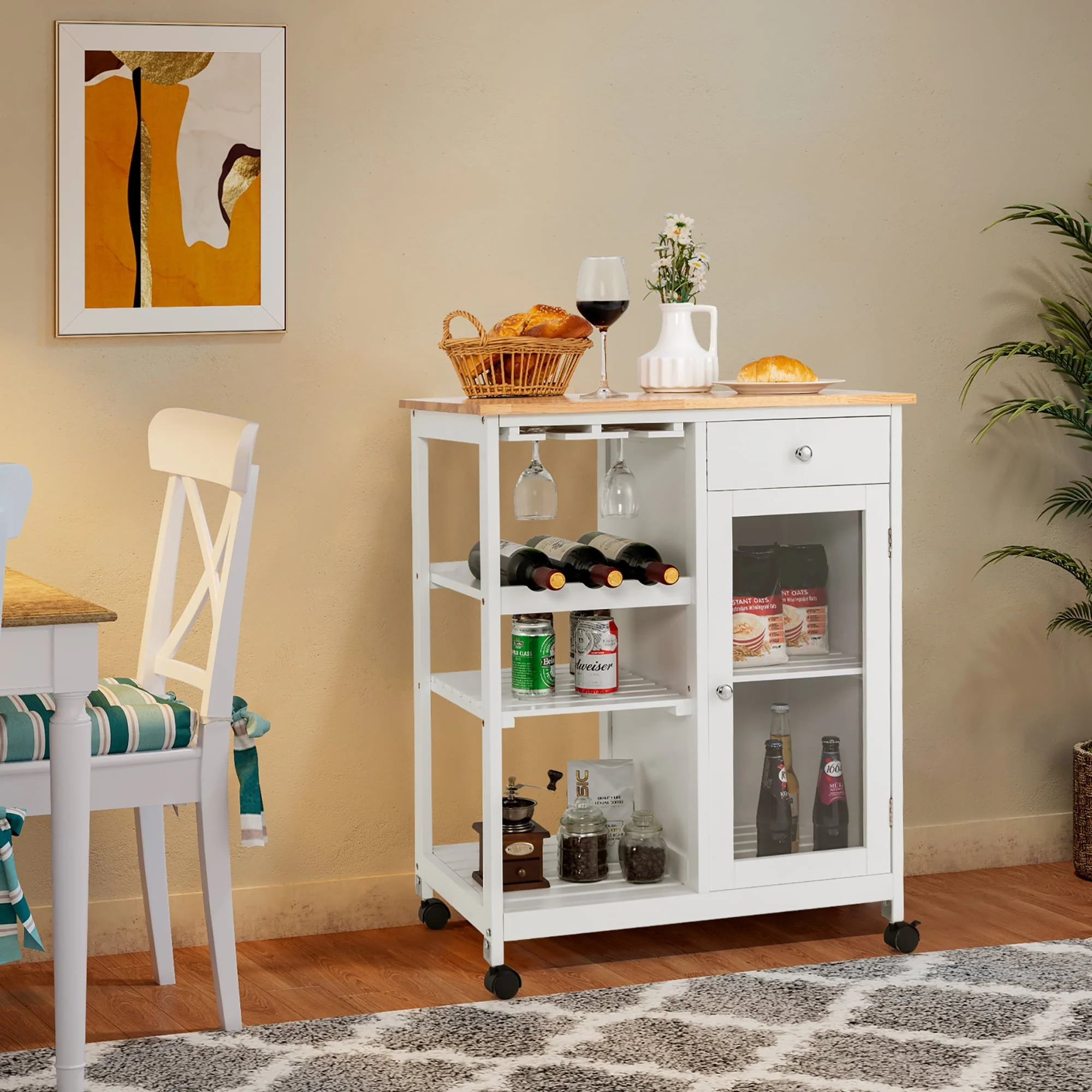Costway Rolling Kitchen Island Wood Top Trolley Cart Storage Cabinet w/Shelf & Wine Rack - Image 3