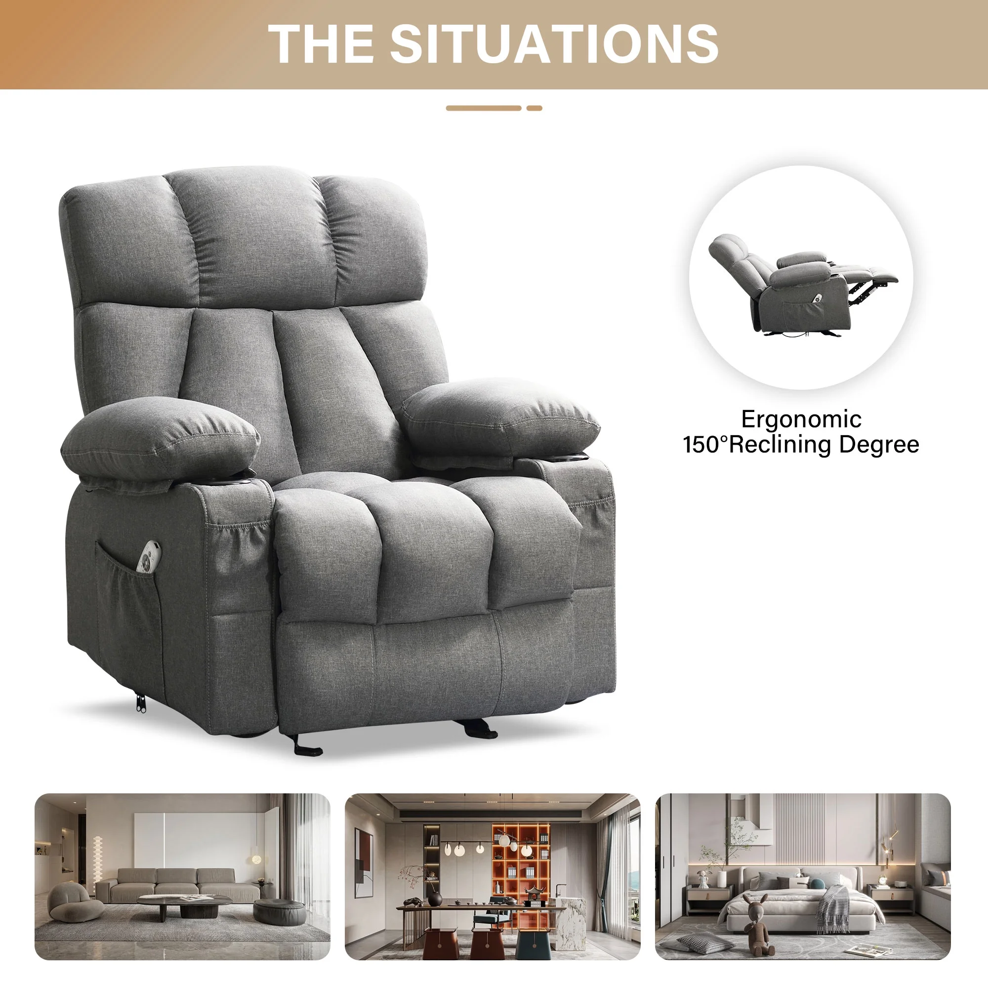 JONPONY Manual Recliner Chair with Heat Therapy and Massage Function, Heavy Duty Reclining Mechanism Massage Chair, Elderly Single Rocker Sofa with Cup Holders for Bedroom Home Theater,Grey - Image 10