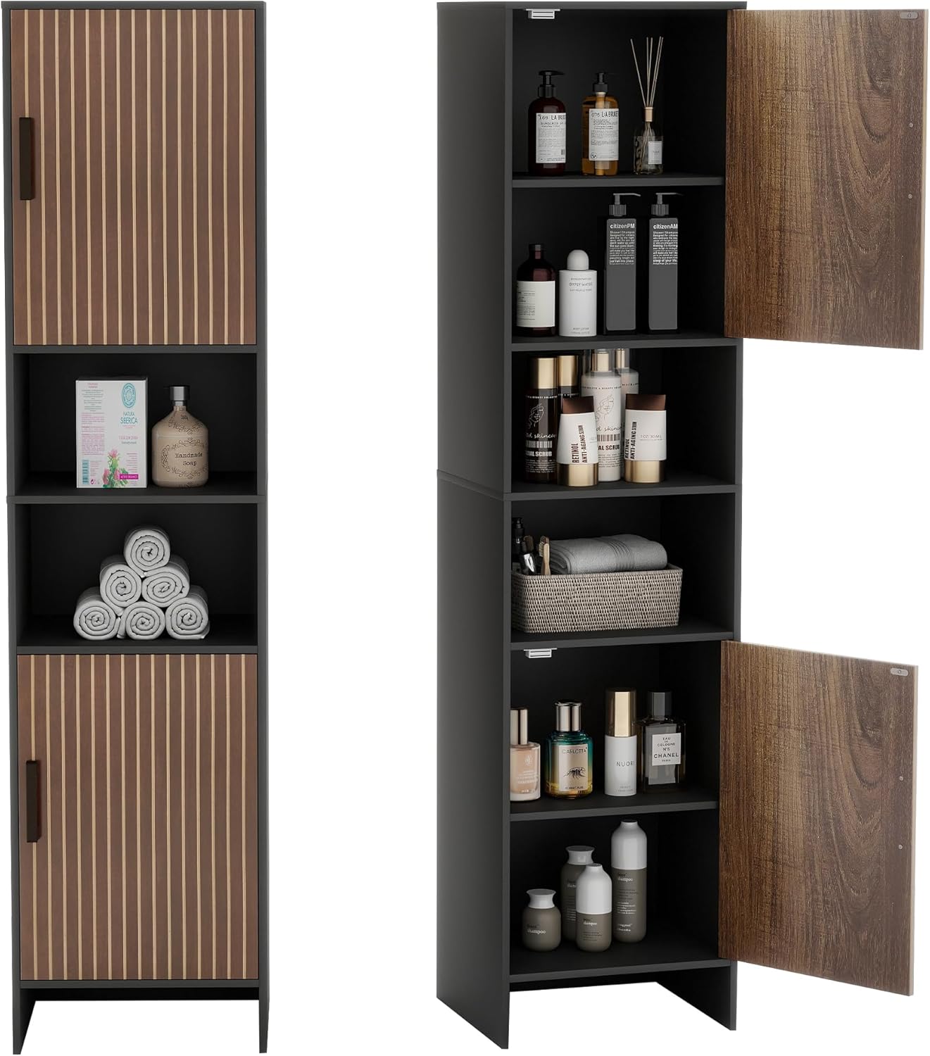 Tall Storage Cabinet, 13.15 Inch Narrow Bathroom Cabinet with USB Magnetic Light, Open Shelf, Magnetic Doors, 2 Adjustable Shelves, Anti-Tip Kit for Small Spaces, Living Room, Black, 57.1