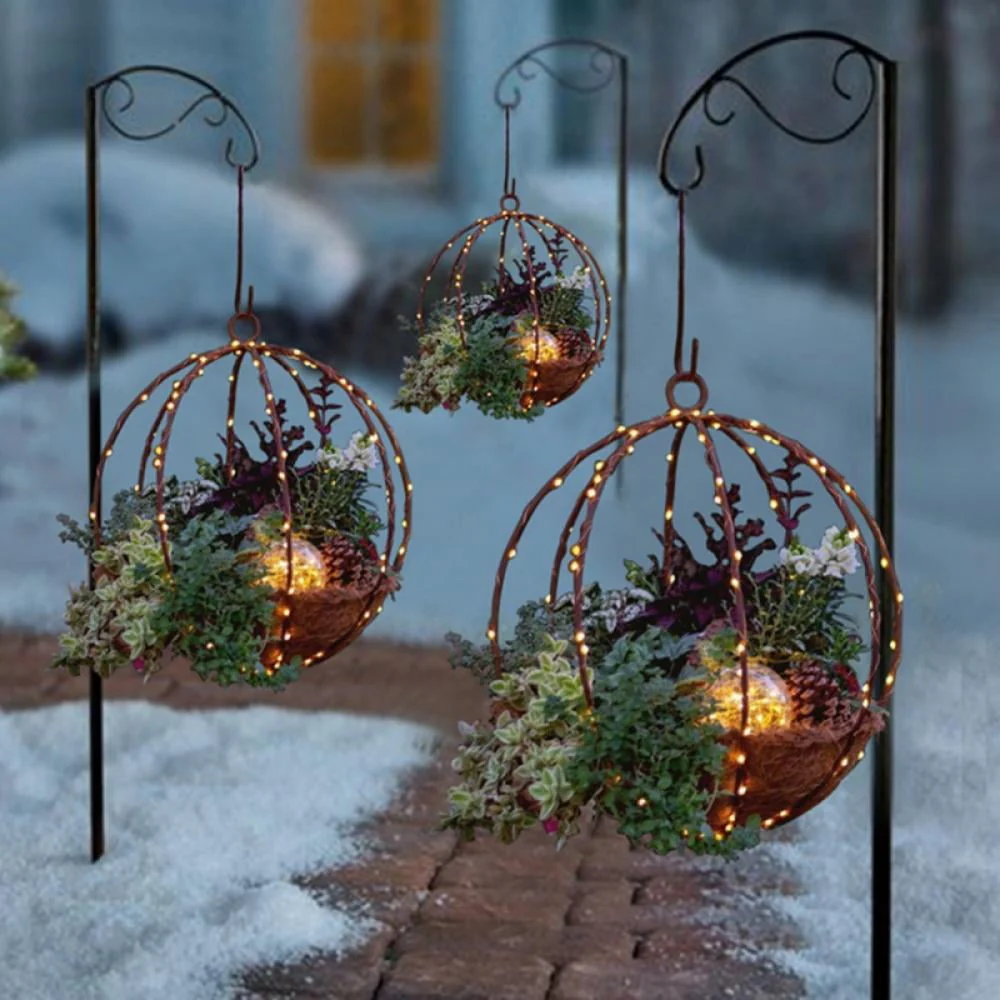 Artificial Christmas Hanging Basket,White LED String Lights Hanging Christmas Baskets, Christmas Hanging Planters with Pine Cones and Berries for Front Door Garden Patio