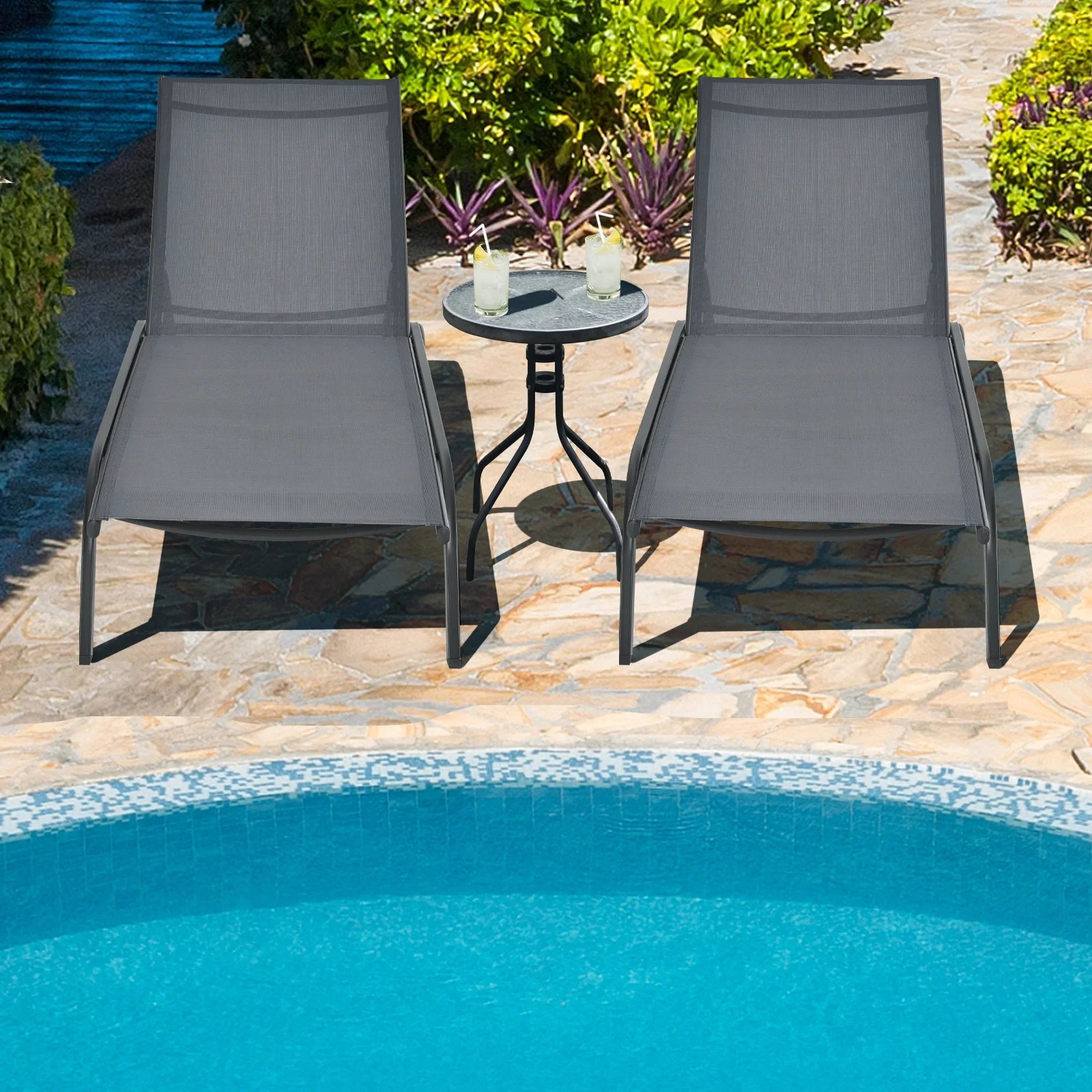 Costway 2PCS Outdoor Adjustable Chaise Lounge Patio 6-Position Recliner Wheels Black - Image 16