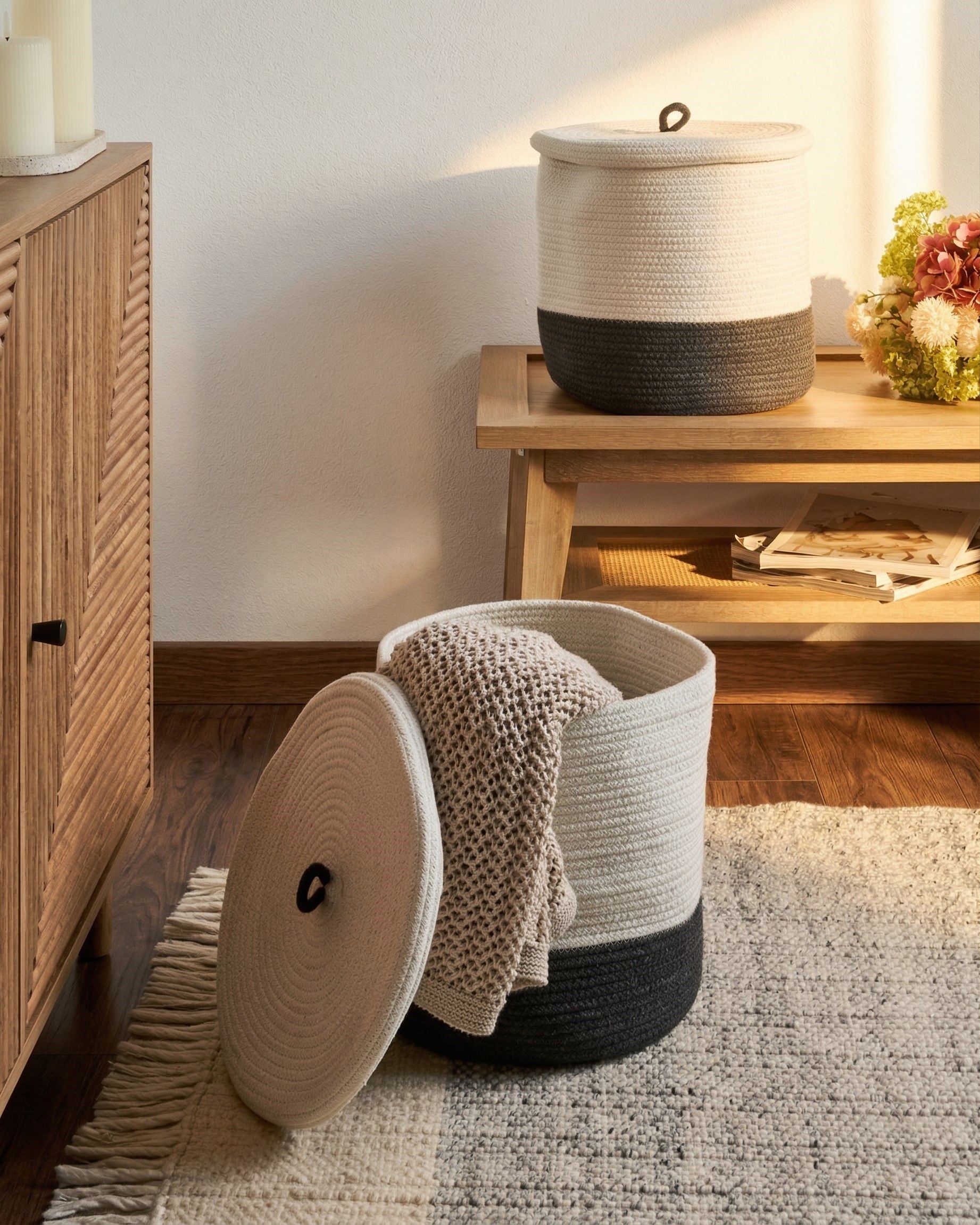 Set of 2 Baskets SILOPI Cotton Grey/ White