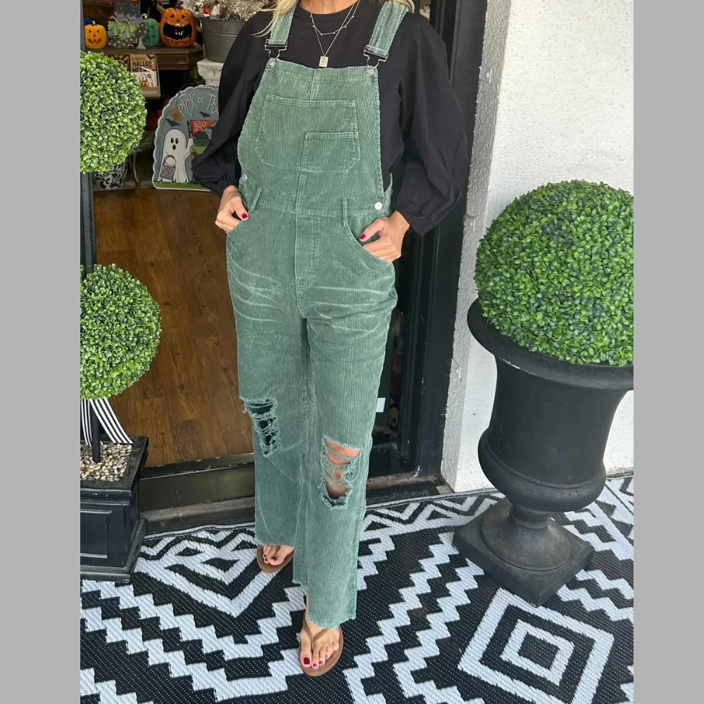 Distressed Wide Leg Corduroy Overalls - ZKZOOK