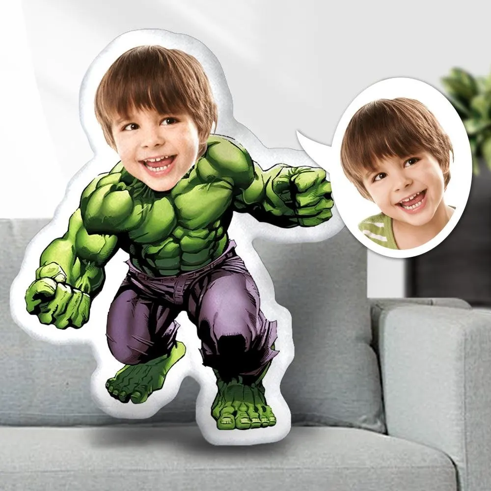 Personalized kid's superhero plush pillow with a little boy's face
