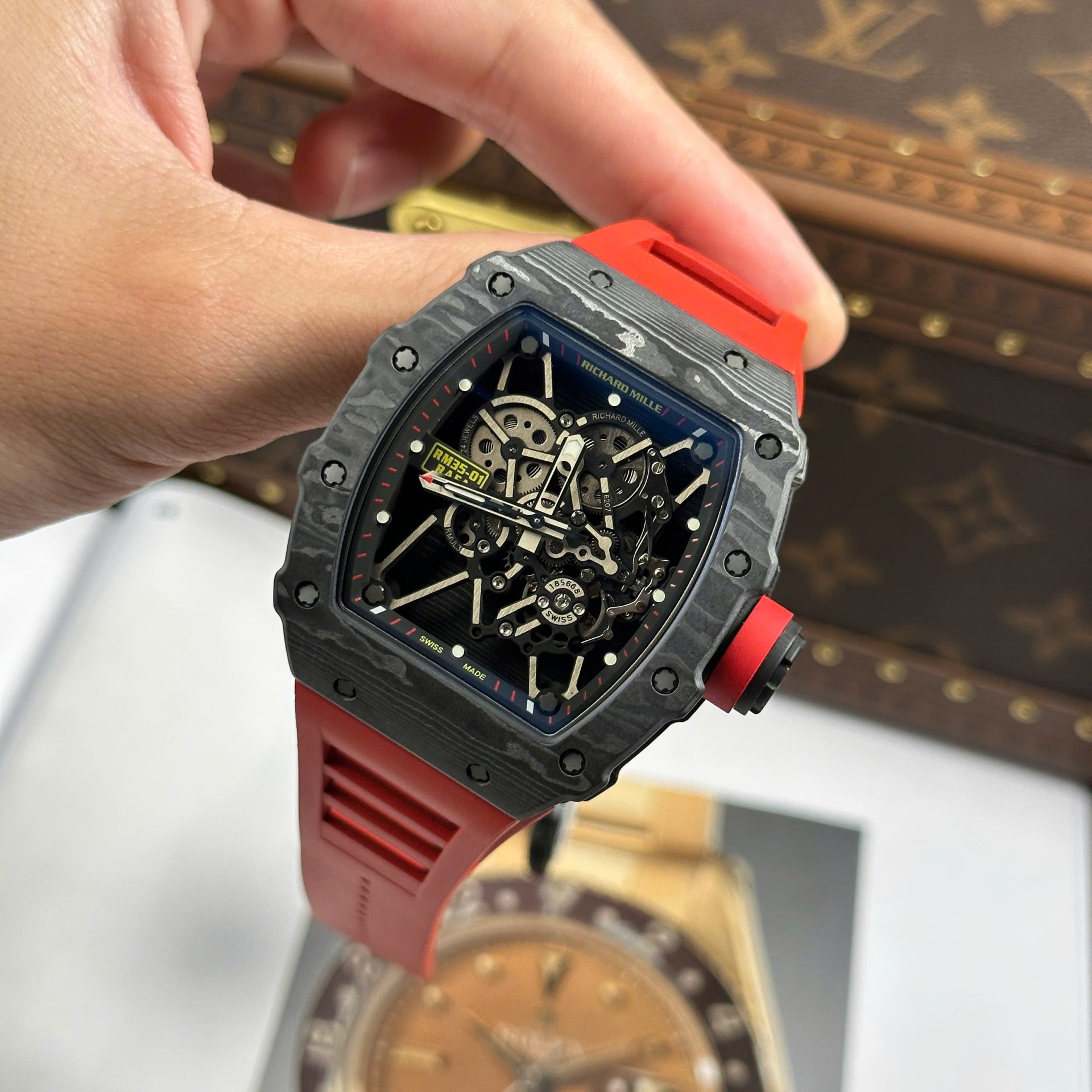 Richard Mille RM35-01 Rafael Nadal Carbon NTPT Copies Watches Red Rubber Strap ZF Factory 49,9x43mm - Top club