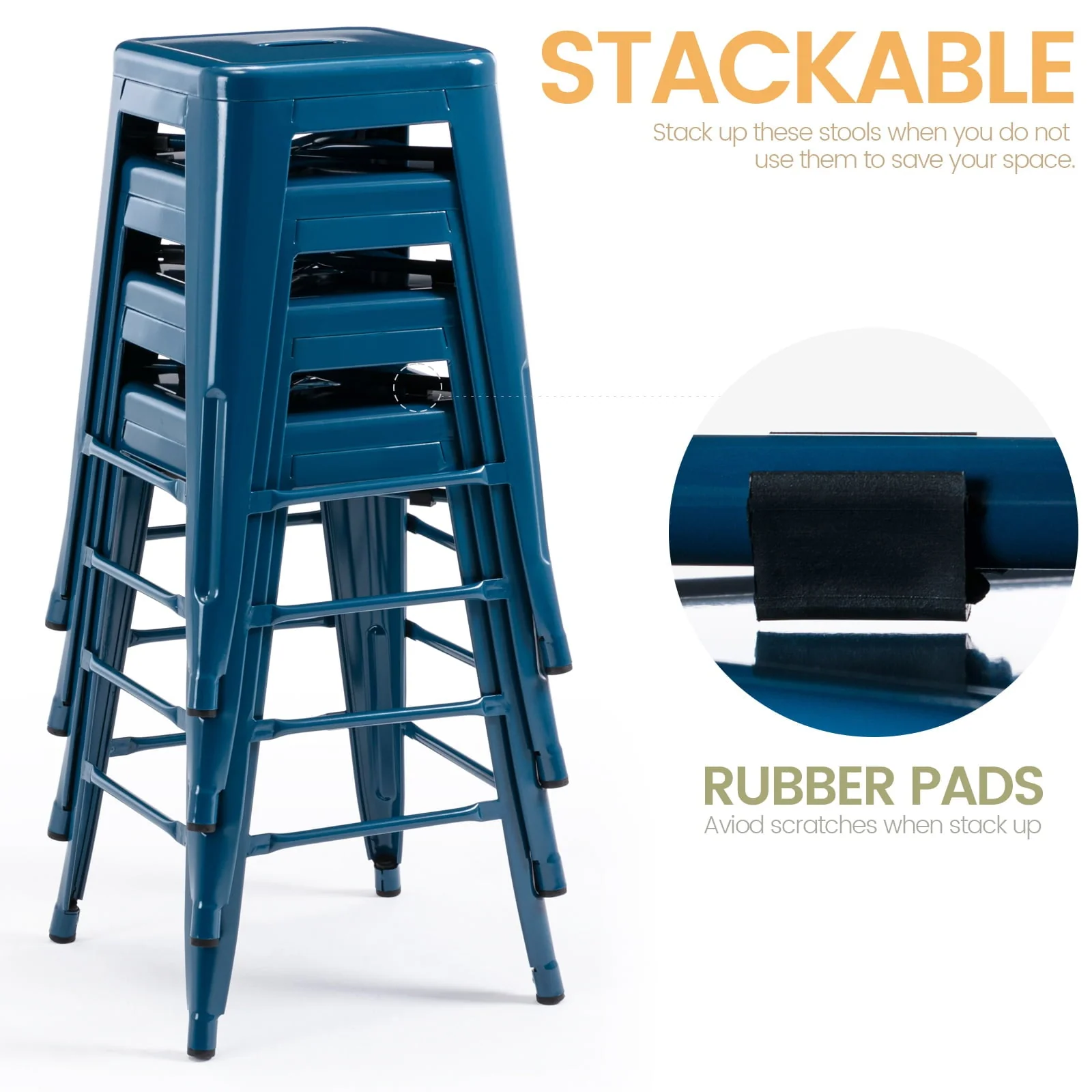Brage Living Blue Backless Metal Bar Stools Indoor-Outdoor Counter Height Stool Backless Stackable Barstools Kitchen Counter Stools Chairs, Set of 4 - Image 2