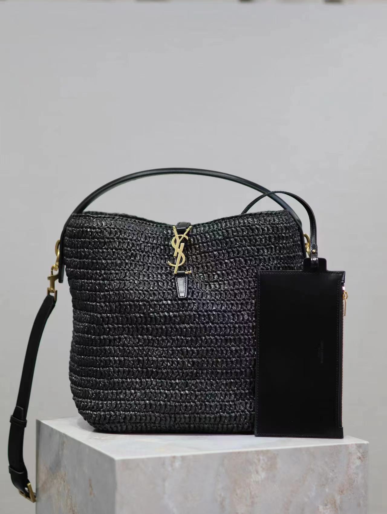 SAINT LAURENT Le 37 leather-trimmed raffia bucket bag