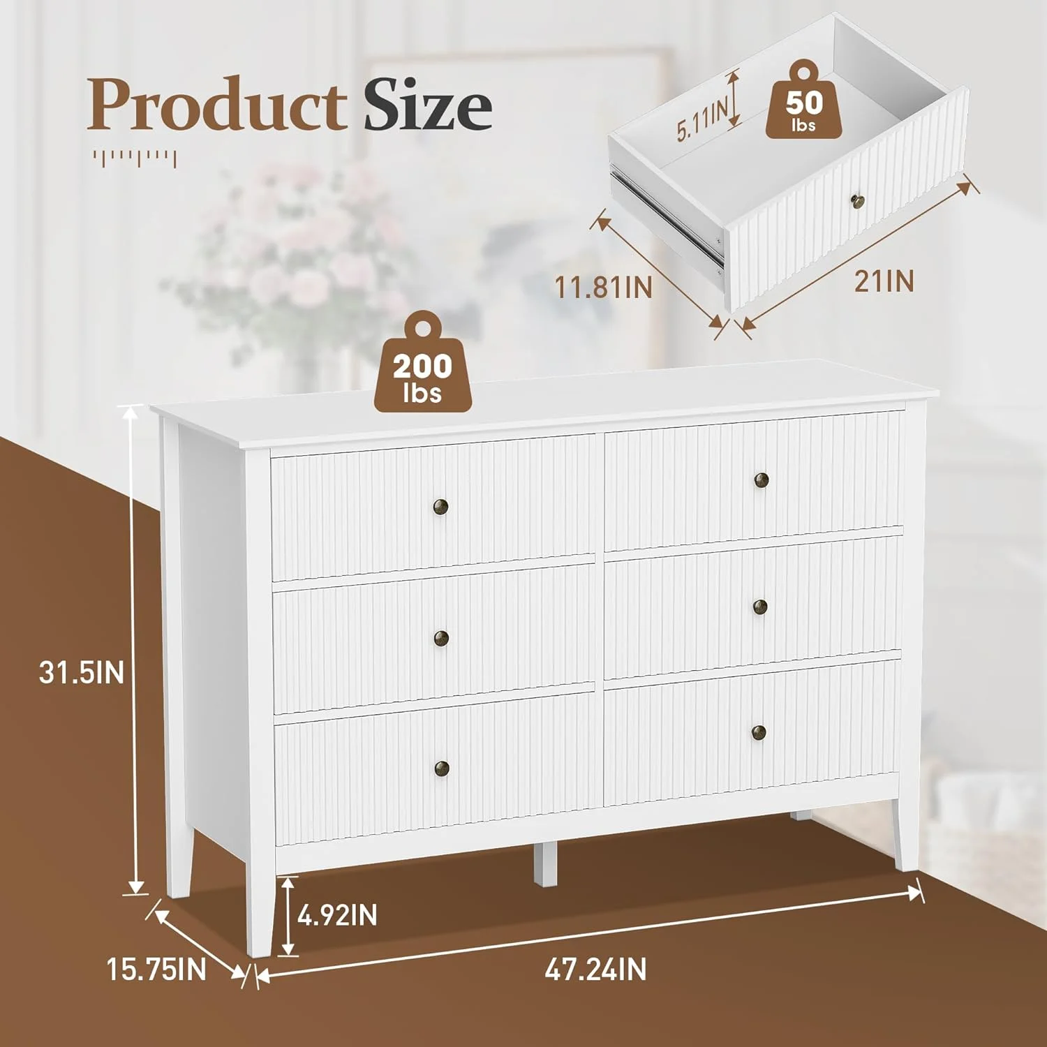 Heynemo Beige 6 Drawer Dresser, Fluted Modern Wood Chest - Image 104