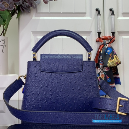 Royal Blue Ostrich Leather Mini Handbag with Pearl Chain Detail1:1High-quality replica