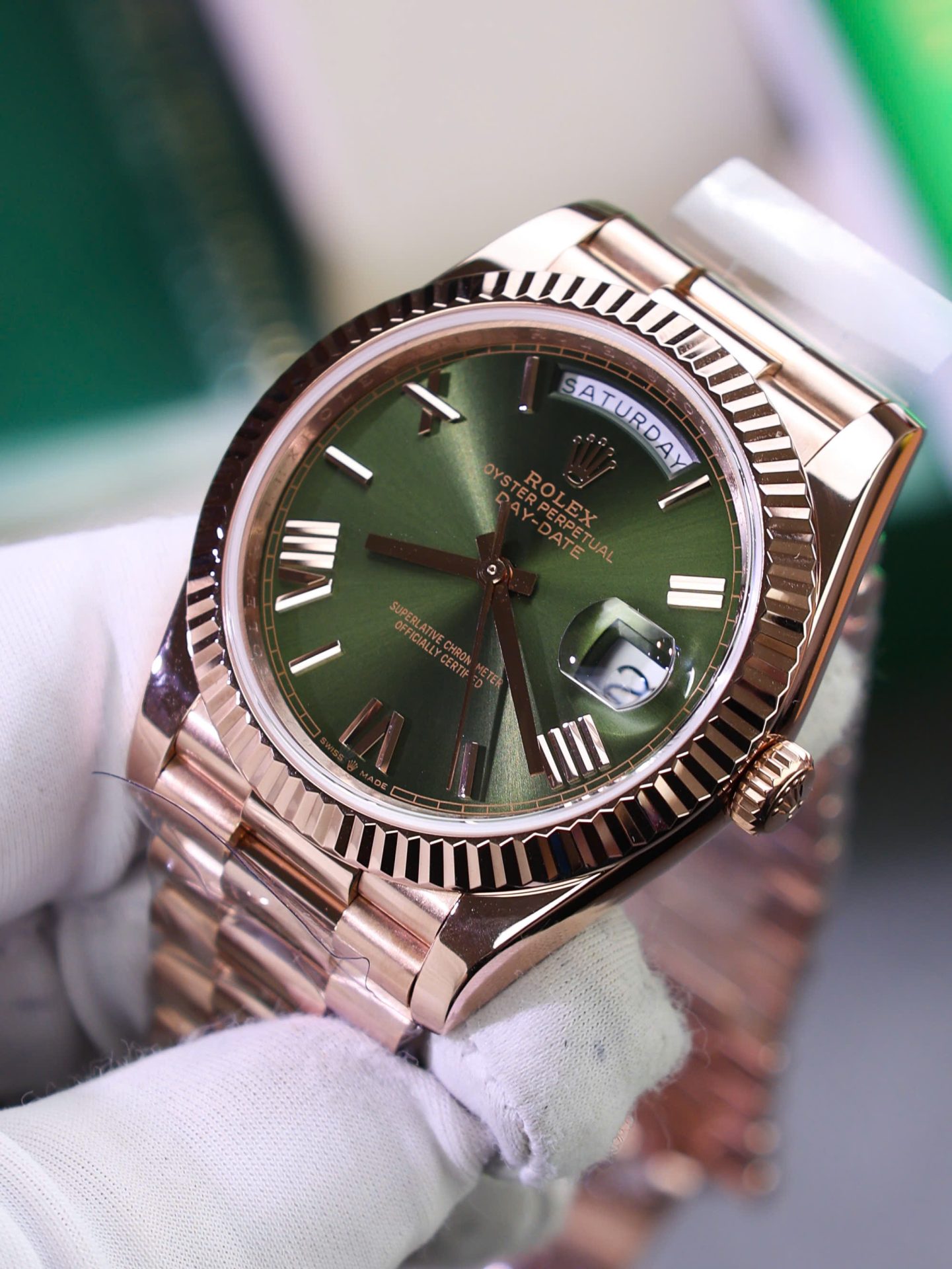 Rolex Day-Date Green Dial Replica Watch Gold Wrapped Weight 186Gram QF 40mm - Top club
