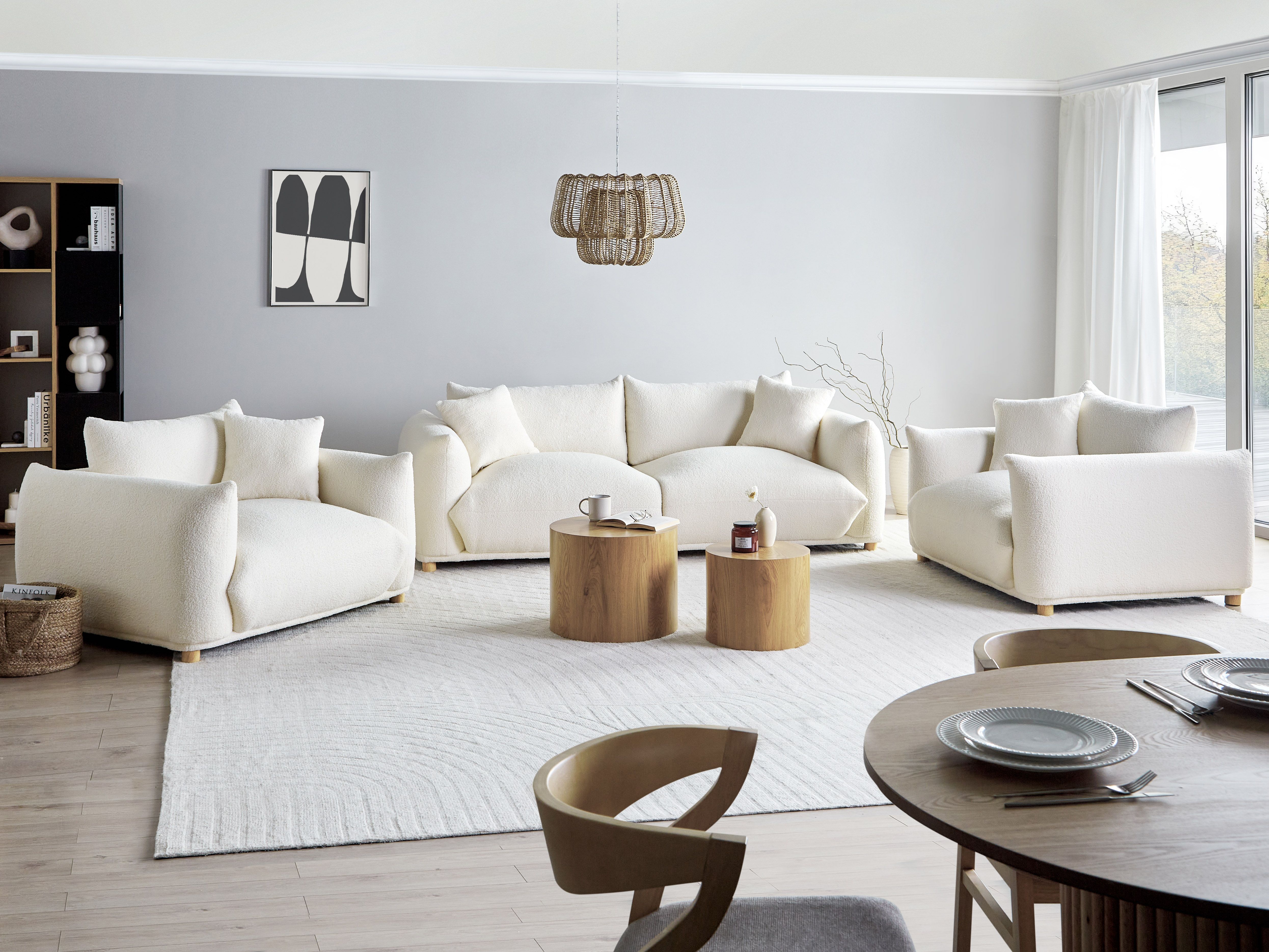 Living Room Set 5 Seater LUVOS Boucle Off-White