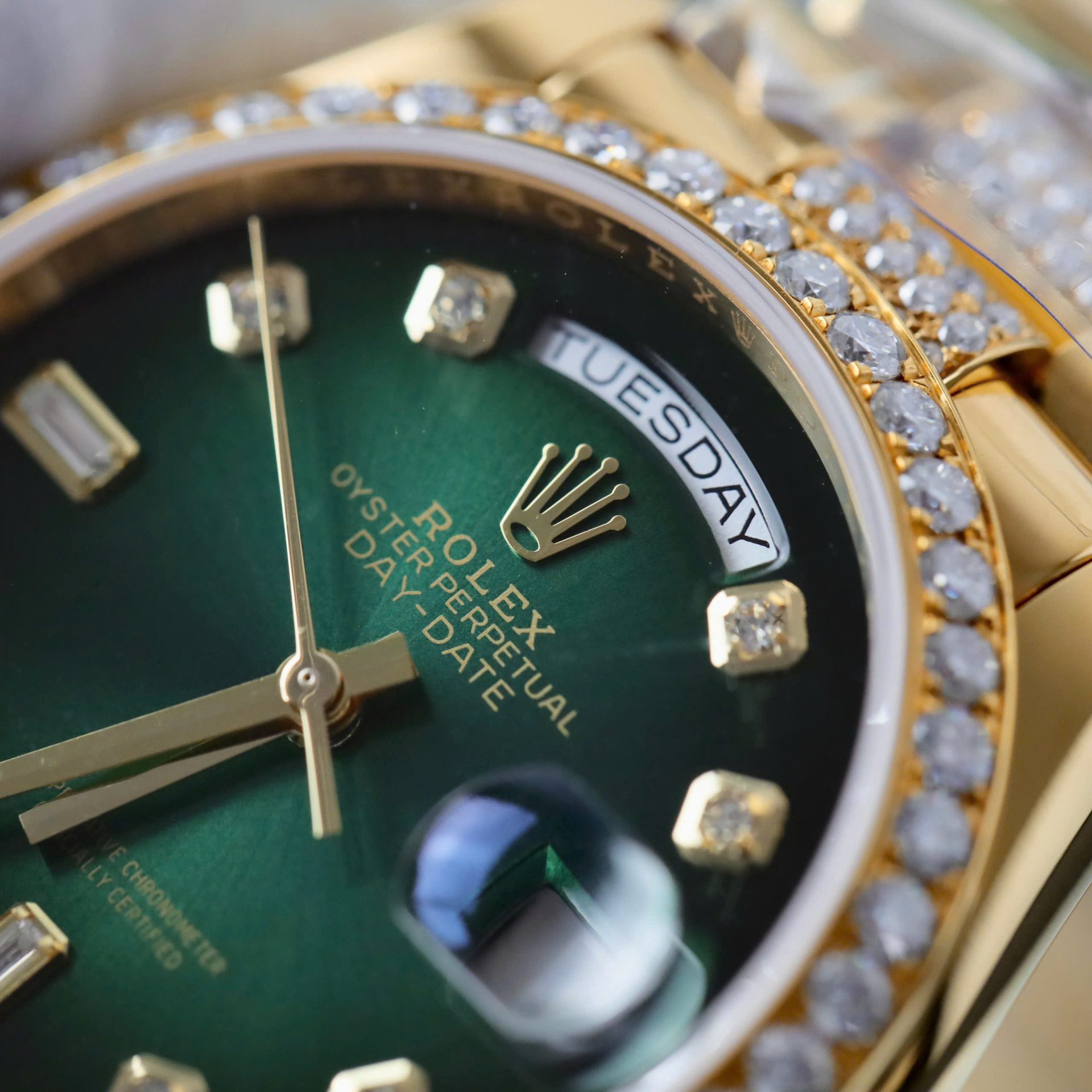 Rolex Day-Date Dial Green Ombre Copies Watch Gold Wrapped + Diamonds Moissanite Custom 36mm - Elite Watch Atelier