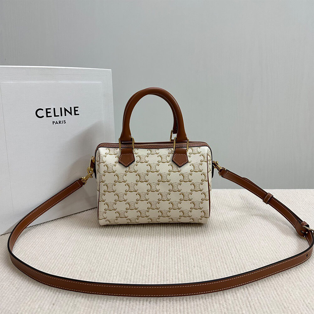 Celine Small Boston Bag in Triomphe Canvas and Calfskin1:1High-quality replica