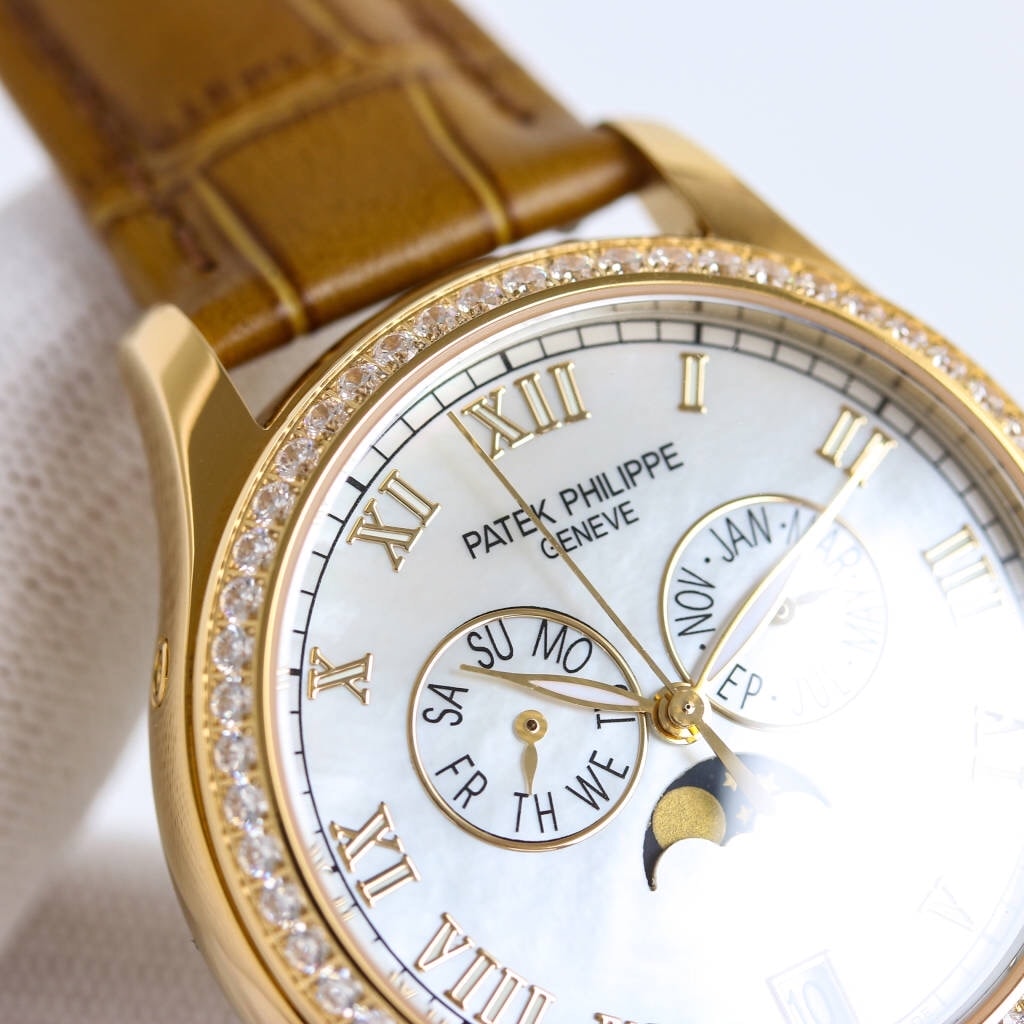 Fake diamond Watch Patek Philippe Replica 4936J-001 Complications Ladies Annual Calendar Moon Phase 37mm White Mother of Pearl Roman Diamond Bezel Yellow Gold Leather Date(1:1 replica) - Top club