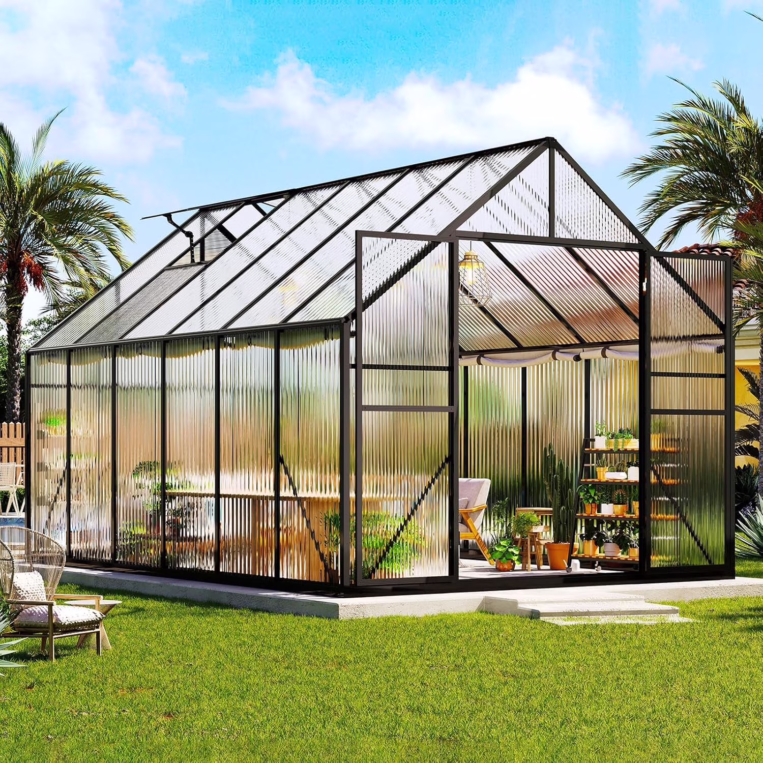 Jocisland 8x8x7 FT Polycarbonate Walk-In Greenhouse with Aluminum Frame, 2 Top-Opening Windows & 2 Swing Doors, Heavy Duty for Outdoor Garden Use, Black - Image 5