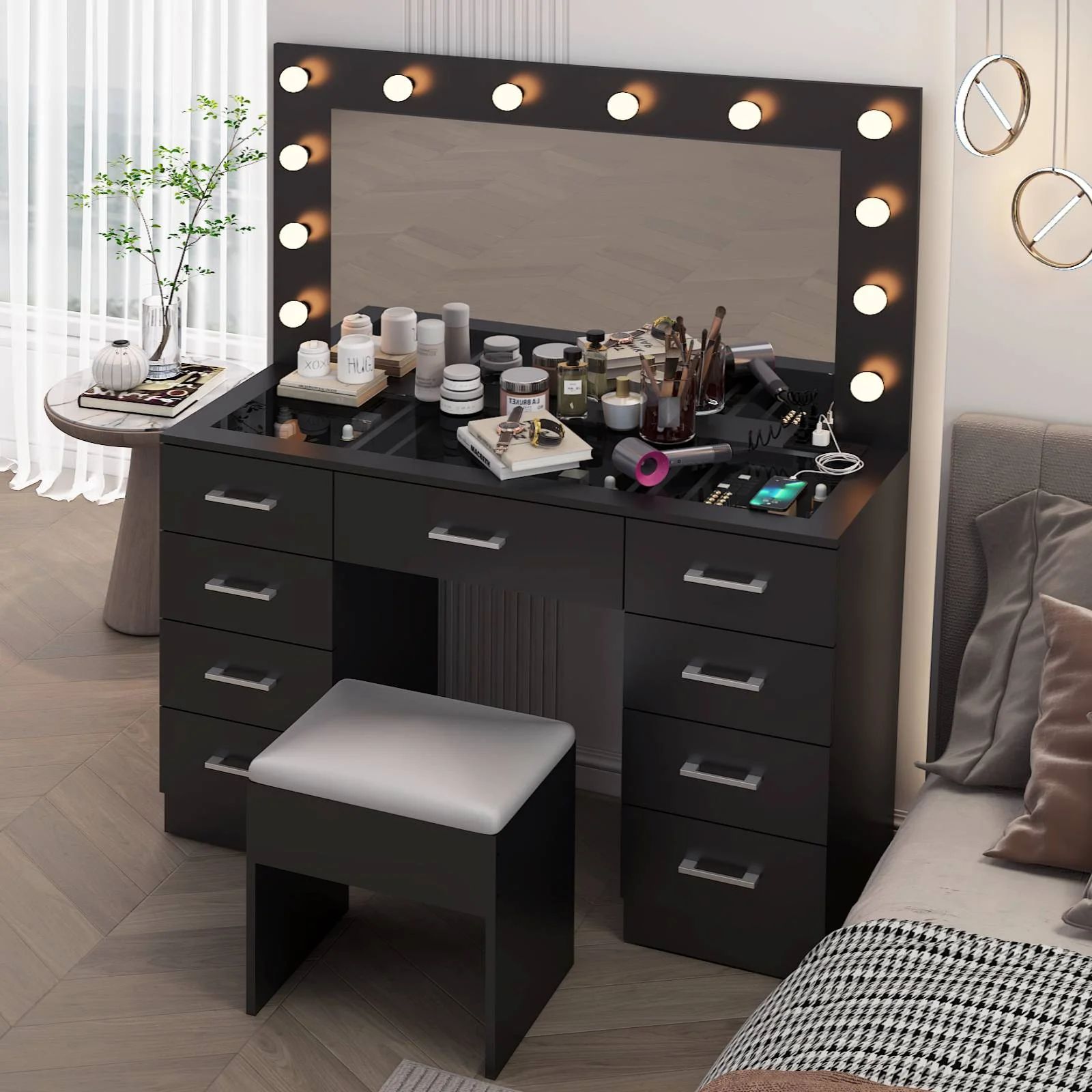 Ktaxon Large Makeup Vanity, Vanity Table Set w/ Visible Glass Top w/ Charging Station, White - Image 58