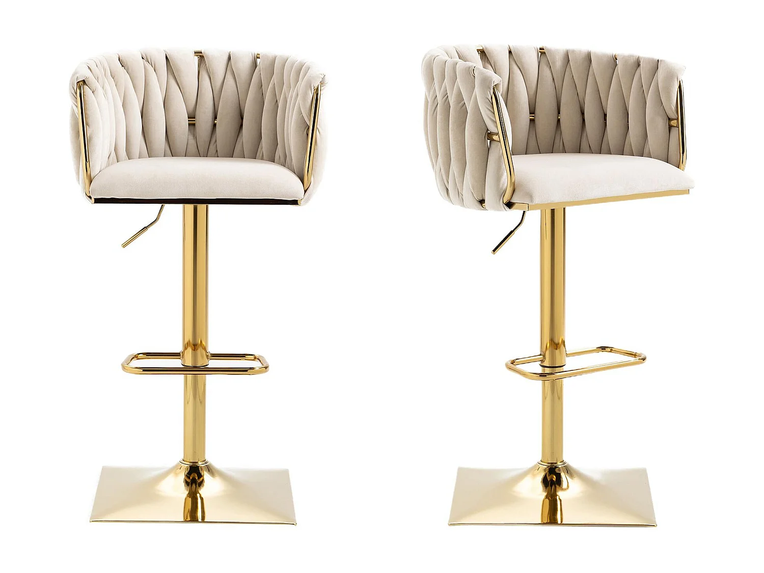 Lot de 2 Tabourets de Bar Tressés - Pieds en Métal Doré - Repose-Pieds - Hauteur Réglable - Rotation 360° - Idéal pour Cuisine, Salon ou Bar