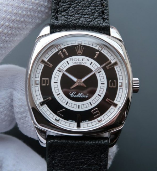 Replica Rolex Cellini Danaos 4243 SS Black/White Dial Black Leather Strap A2824 - Top club