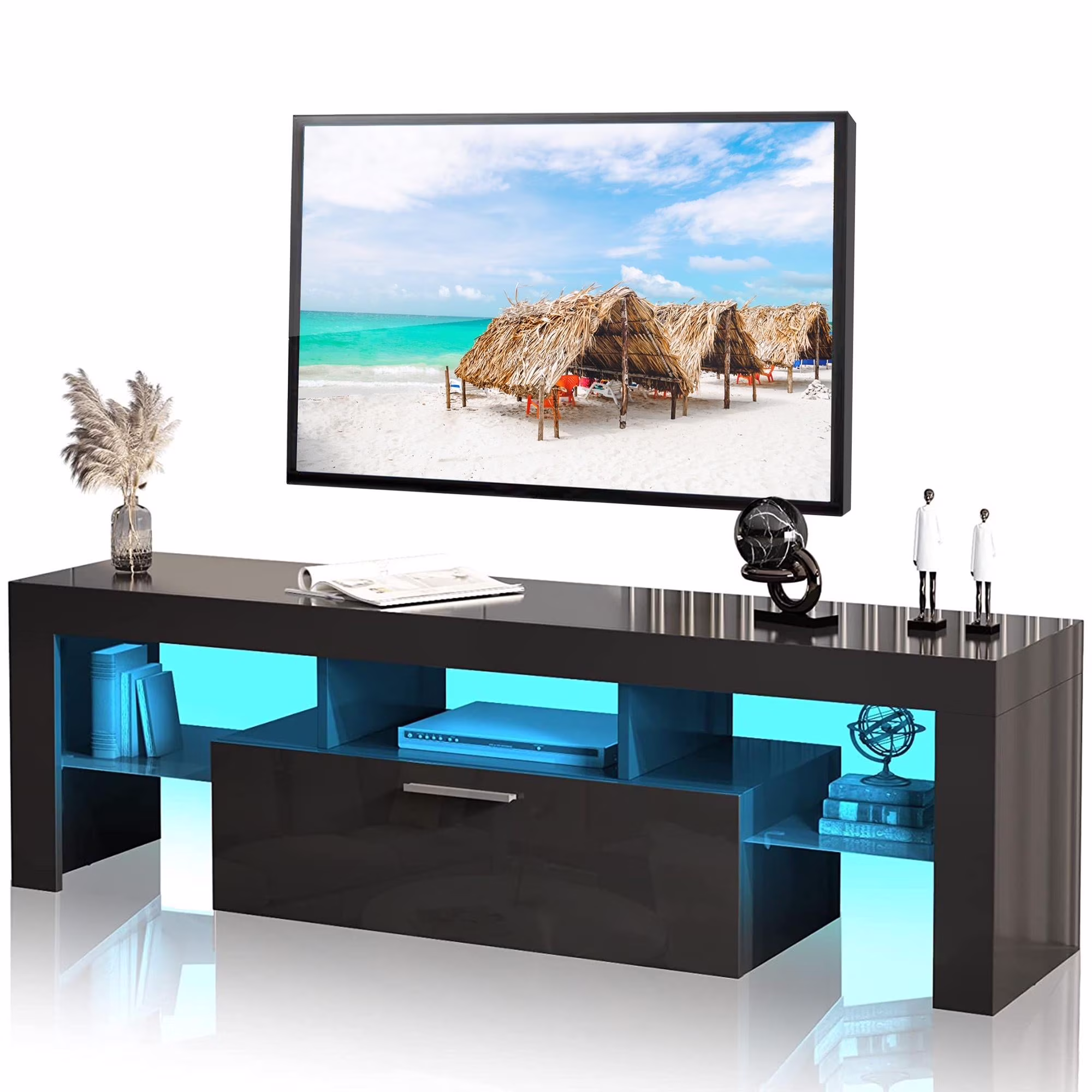 PAPROOS TV Stand for TVs up to 70", High Gloss TV Cabinet with LED Light, Modern TV Console Table with Storage Drawers, Media Television Stand Entertainment Center, White - Image 3