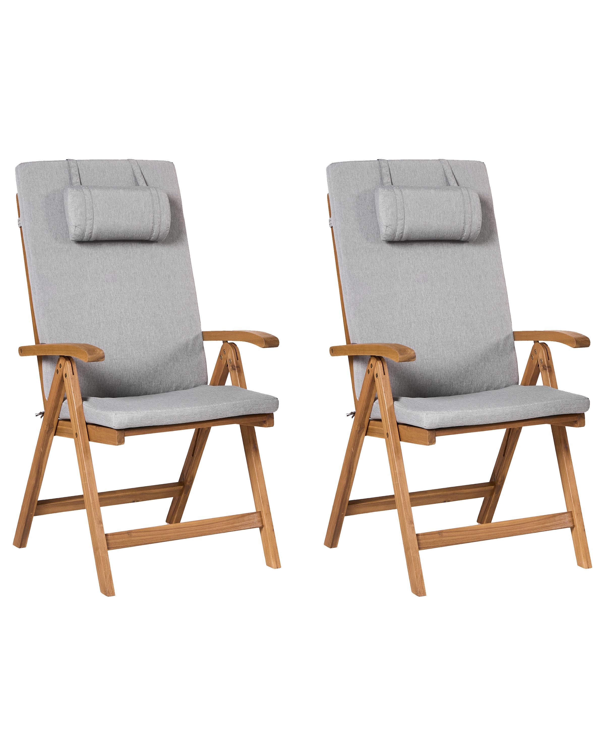 Set of 2 Garden Chairs with Cushions JAVA PREMIUM Acacia Wood Grey Melange