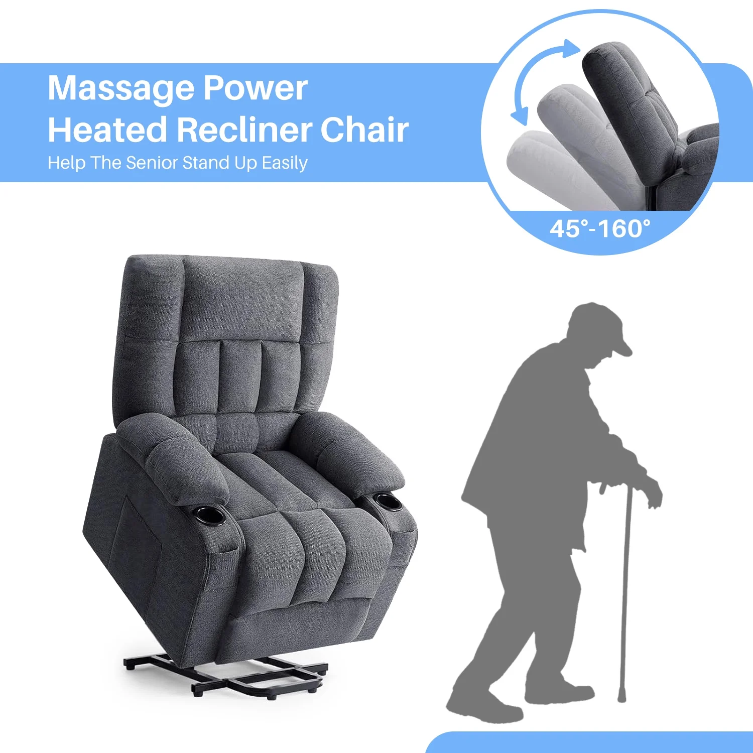 Simenmax Recliner Chair with Massage and Heating, Home Theater Seating with Lumbar Support, Adjustable Electric Power Lift Chairs, Gray - Image 5