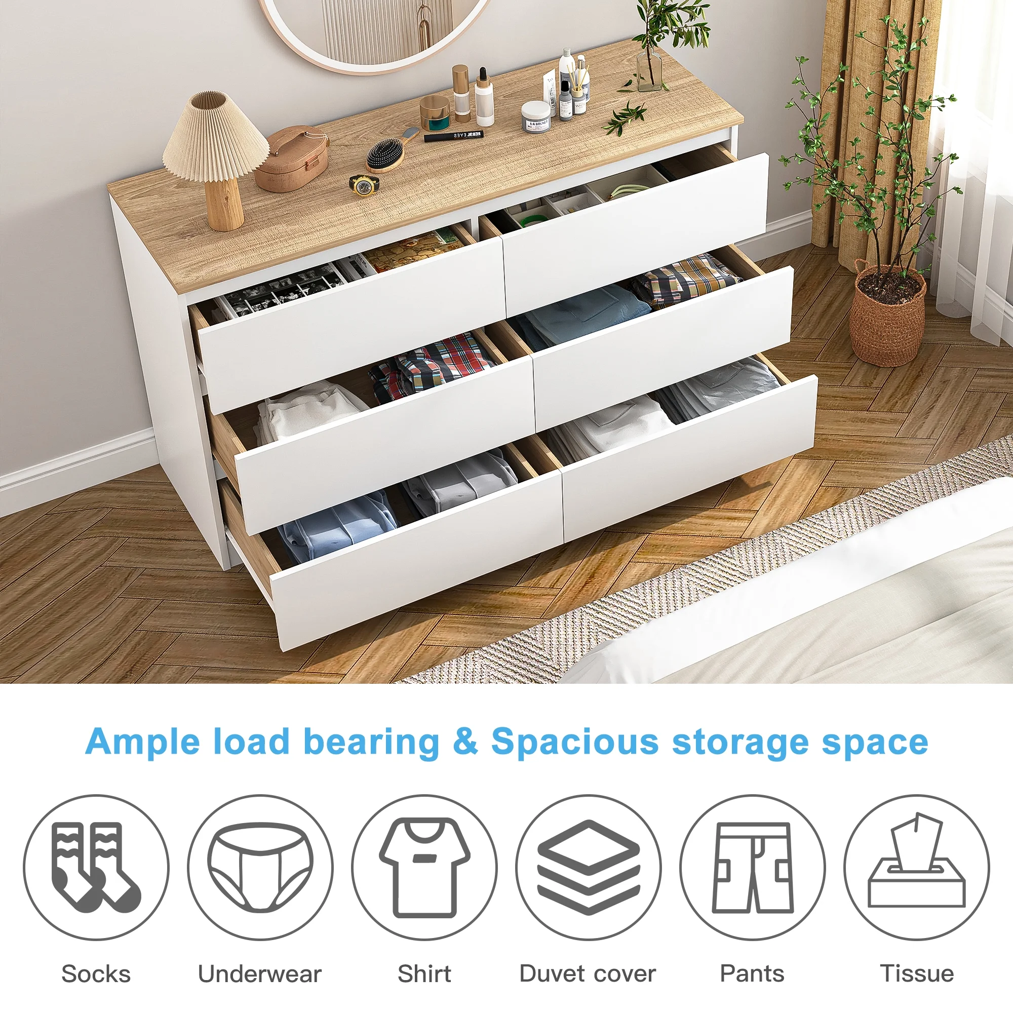 Kadyn White Chest of Drawer, 6 Double Drawer Dresser for Bedroom, Modern Storage Cabinet for Living Room, Dresser - Image 152