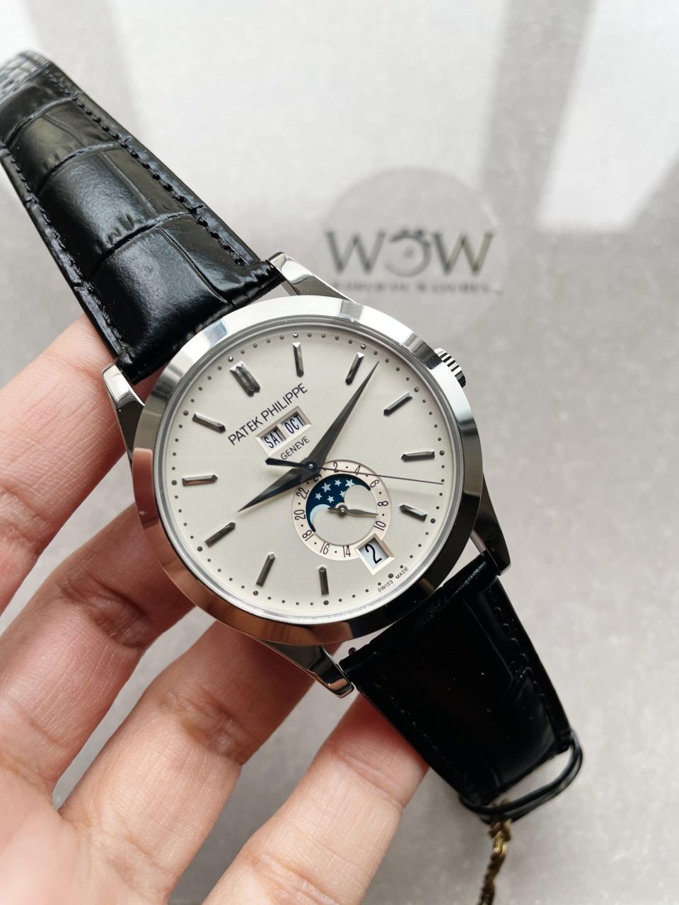 Replica PATEK PHILIPPE Annual Calendar Moonphase 5396 SS ZF 1:1 Best Edition White/Blue Dial on Black Leather Strap A324 - Elite Watch Atelier