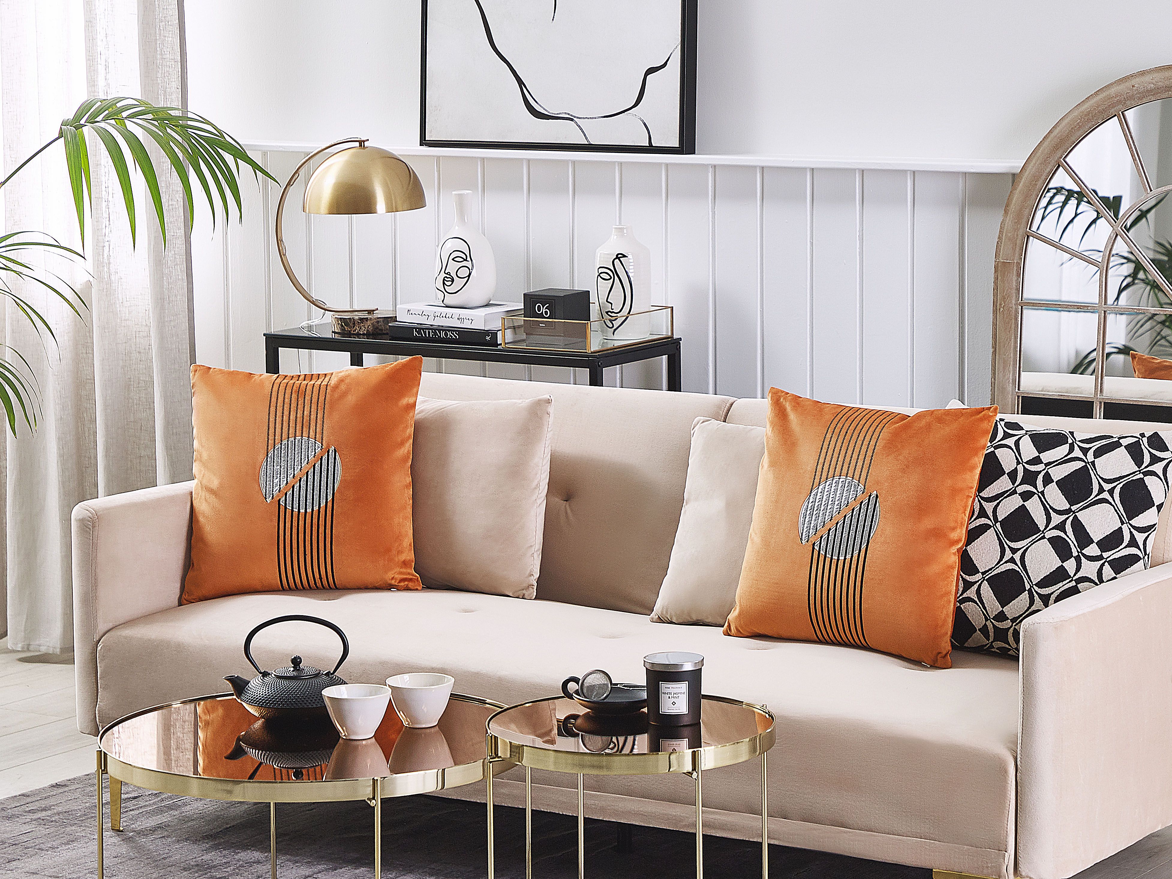 Set of 2 Decorative Cushions CEROPEGIA Velvet 45 x 45 cm Orange Geometric Pattern
