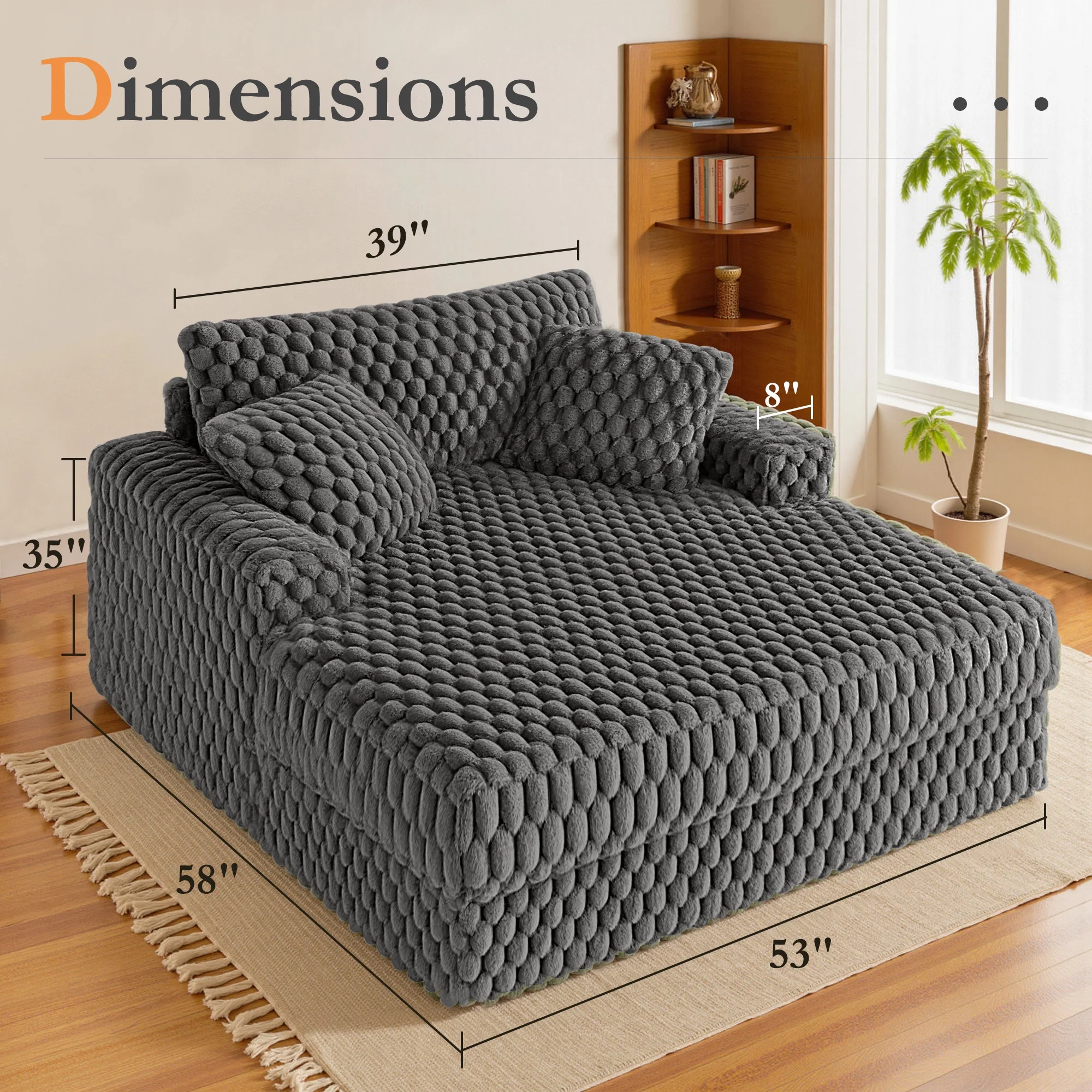 ATHOPE 53"W Oversized Chaise Lounge Chair Indoor, Corduroy Couch Chair with Pillows, Comfy Reading Chairs with Wide Arms, Upholstered Sleeper Sofa for Living Room, No Assembly Required, Gray - Image 2