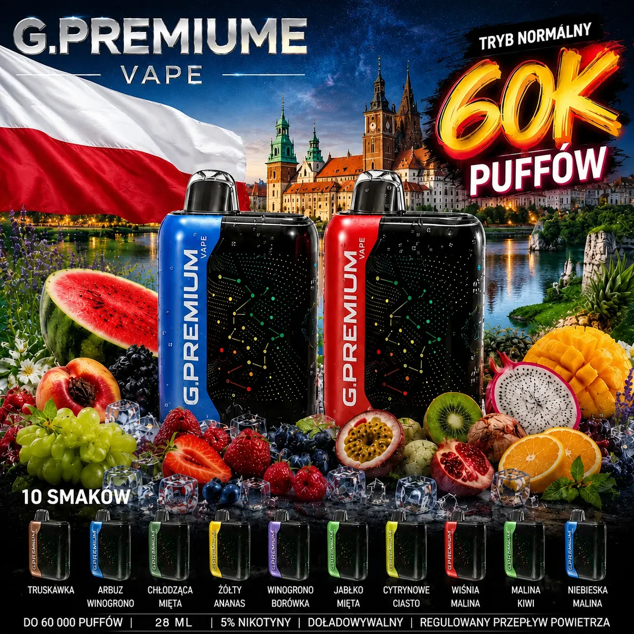 GEEK BAR PREMIUM 60 000 puffów – 10 smaków w jednym, Dual Mesh, tryb Boost i LED; 28 ml, 800 mAh, Type-C