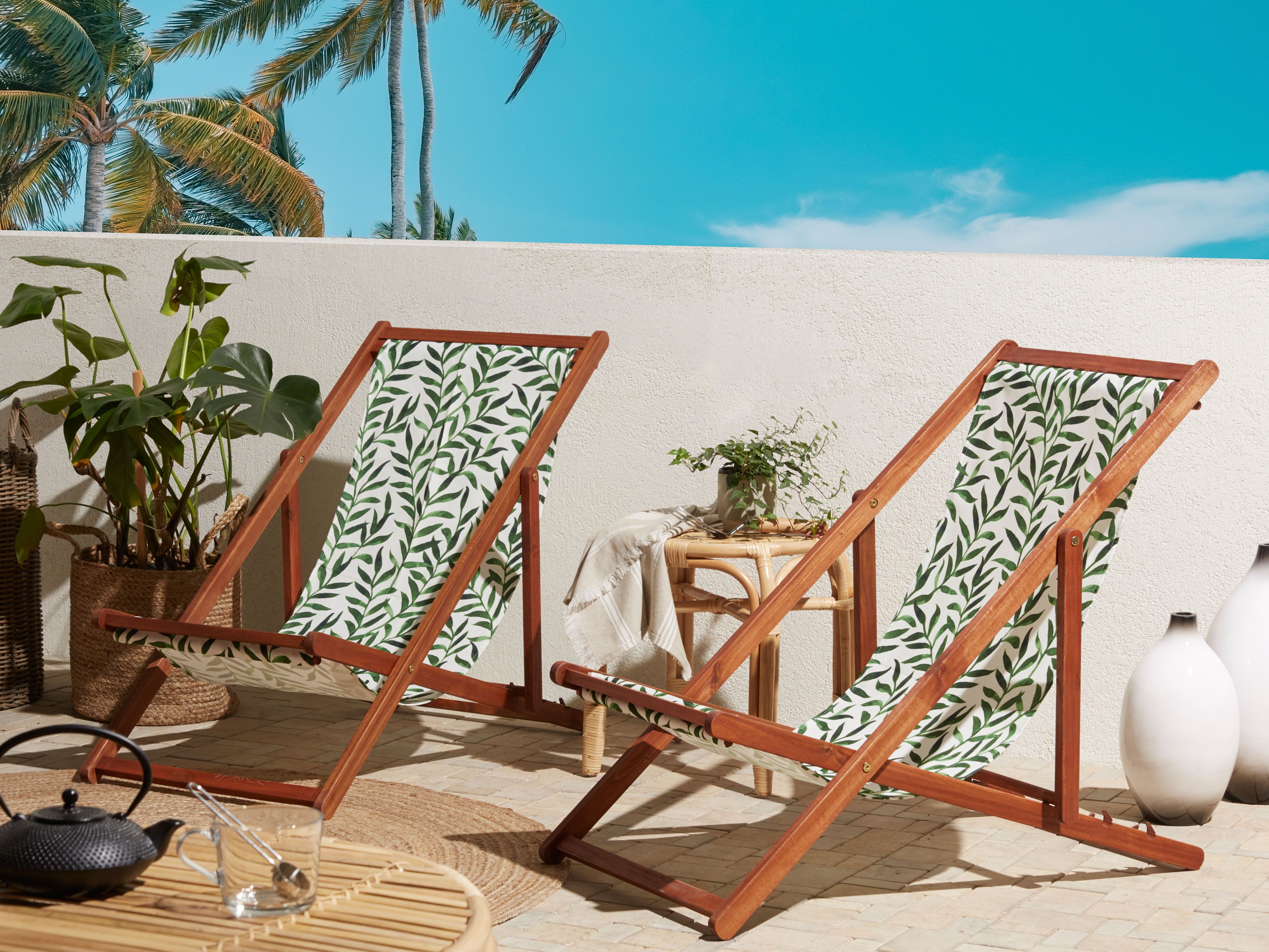 Set of 2 Folding Deck Chairs ANZIO with Replacement Fabrics Floral Motif Acacia Wood Dark Brown