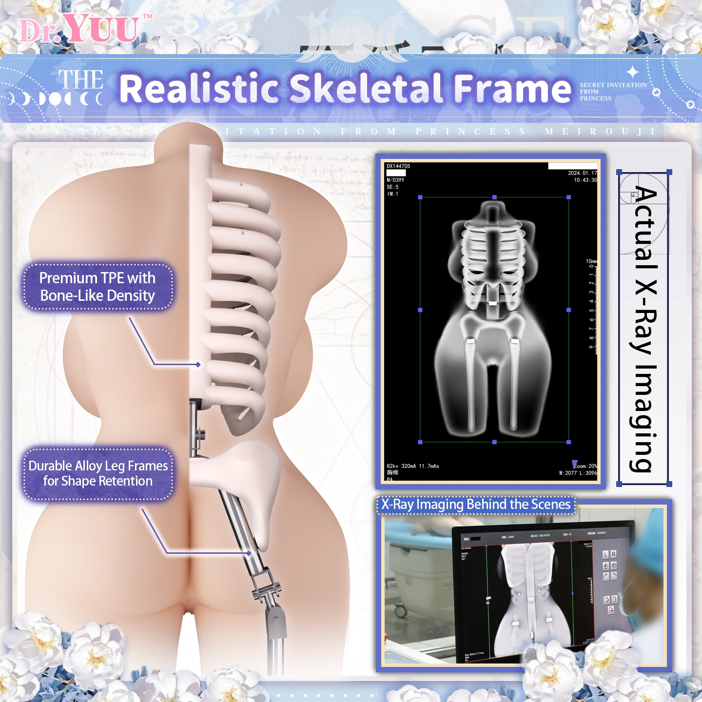 Flexible alloy skeletal frame legs inside Dr.YUU male sex doll torso for multiple positions.