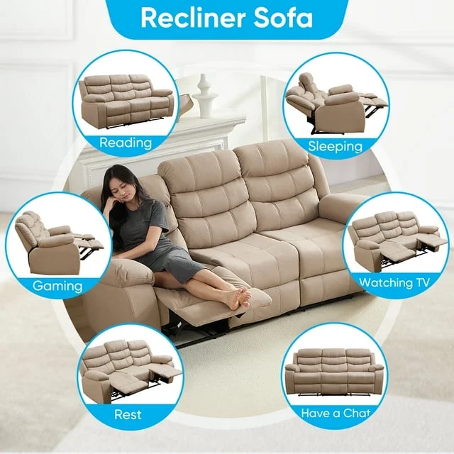 MUZZ Modern Reclining Sofa ,3-Seater Recliner Sofa with Cup Holders, Flip-Up Storage, Reversible Backrest and Footrest, Gray - Image 13