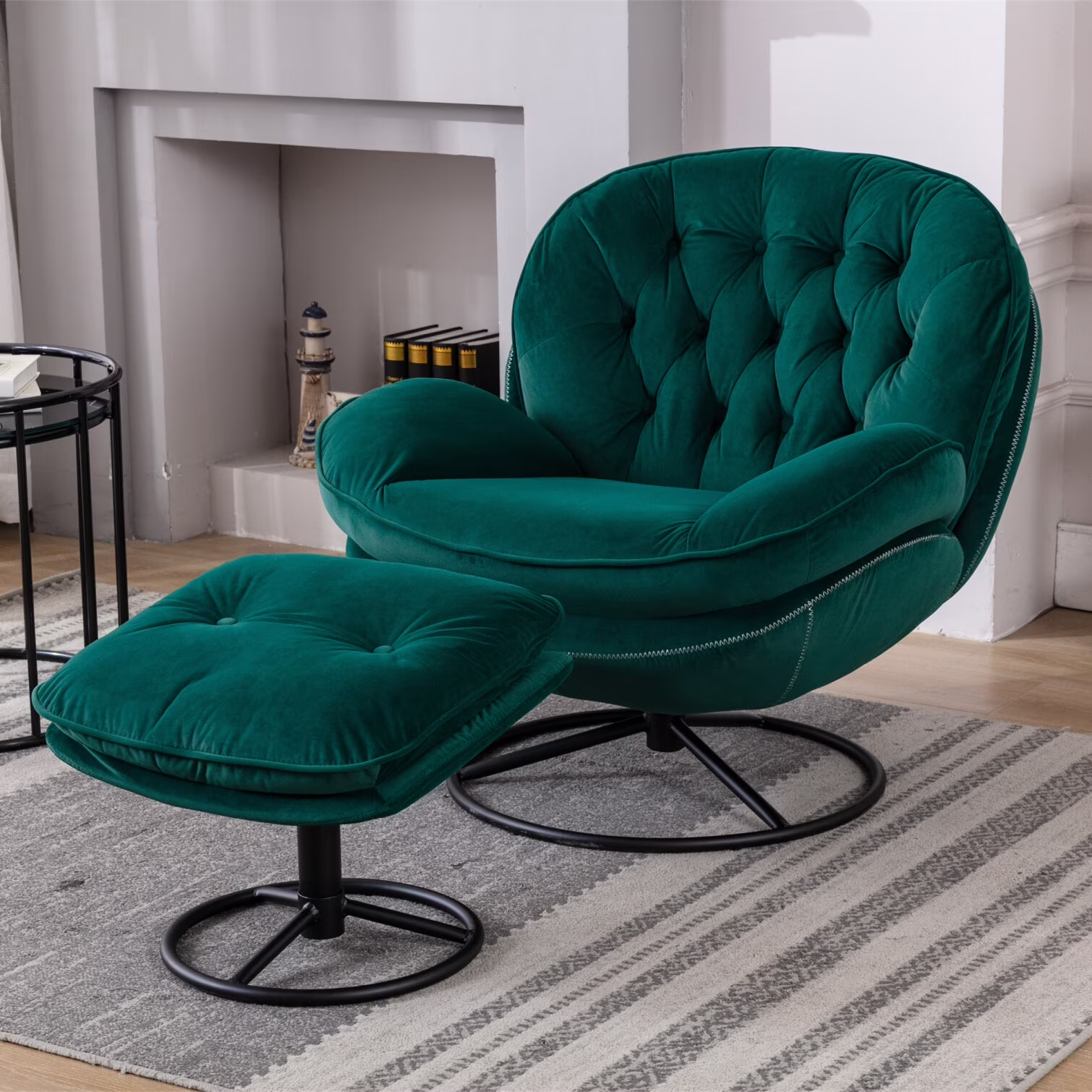 Velvet Swivel Accent Chair with Ottoman Set, Modern Tufted Armchair with Footrest for Living Room Reading TV Chairs for Adults, Comfy Chaise Lounge Chairs with 360 Degree Swiveling for Bedroom, Pink - Image 9