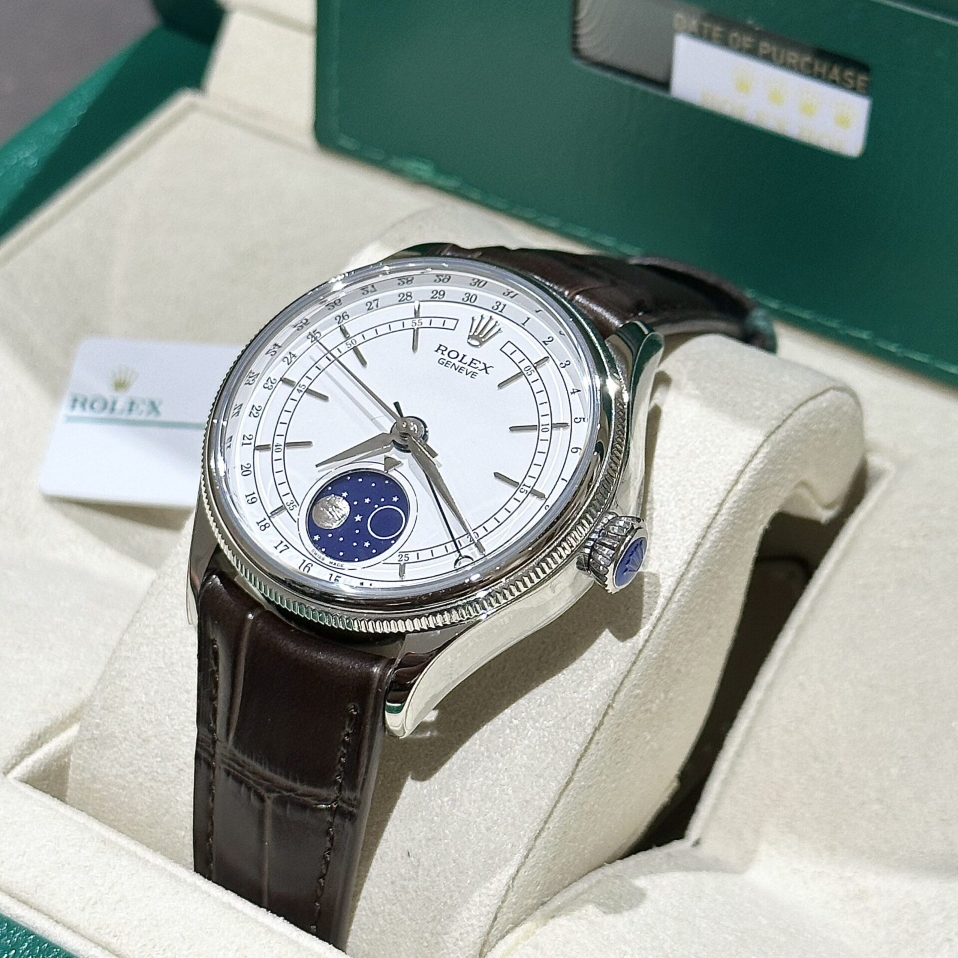 Rolex Replica 1:1 Watch Cellini Moonphase 50535 Brown Leather Strap 39mm - Elite Watch Atelier