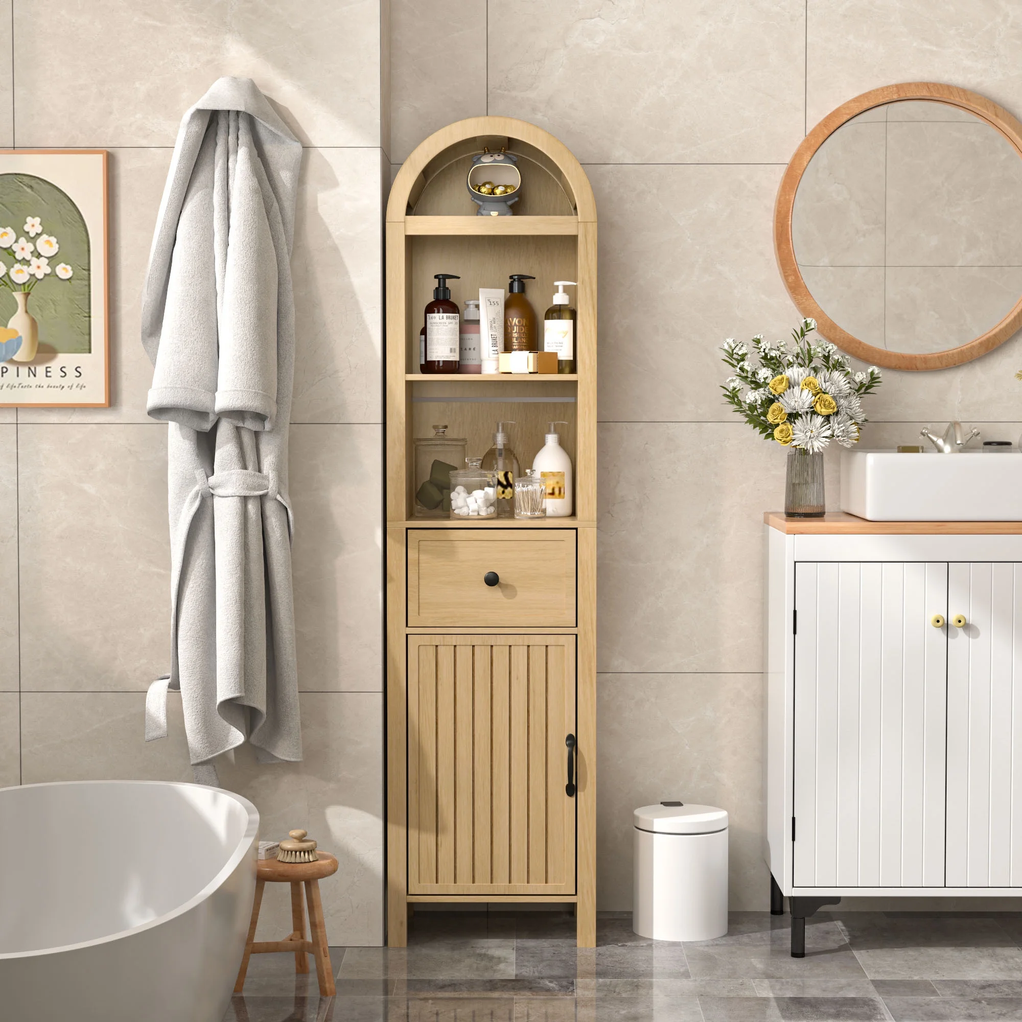 Fiogmub Tall Bathroom Storage Cabinets with Doors and Shelves, Narrow Tall Linen Cabinet with Drawer - Image 9